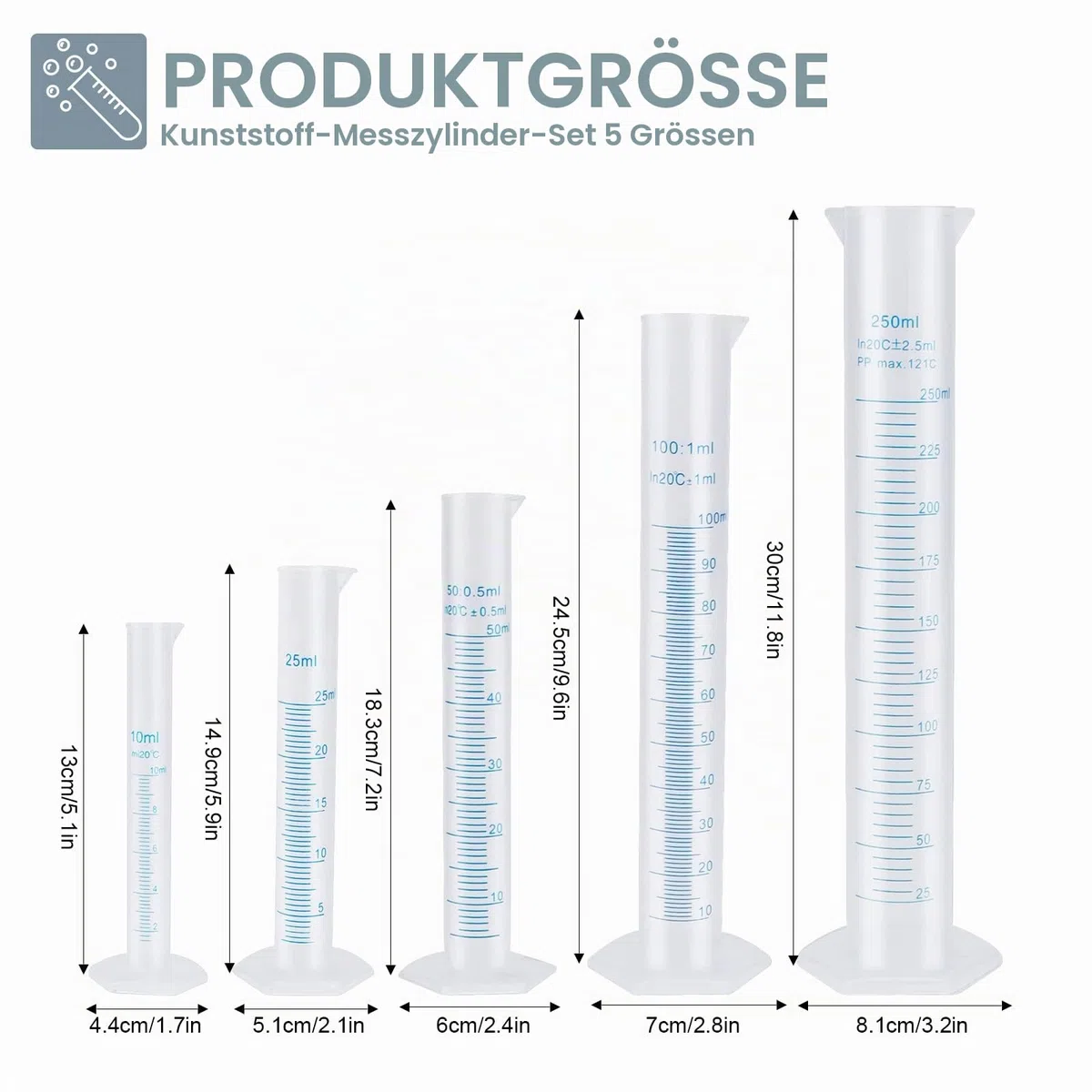 Messbecher aus Kunststoff, Messzylinder, Messbecher, Messwerkzeuge, Labor-Reagenzglas, Ausgießer, 10 ml, 25 ml, 50 ml, 100 ml, 250 ml, 5 Stück