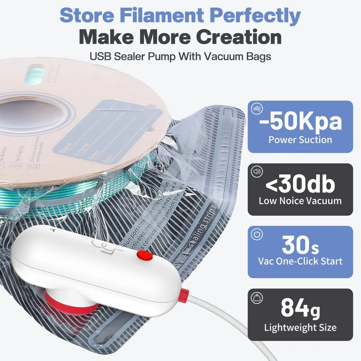 Vacbird 3D Drucker Zubehör Upgrade Vakuum Kit, 20er 3D Filament Vakuumbeutel mit USB-Pumpe(30 * 34cm) Wiederverwendbare, für 3D Drucker Glühfaden Lagerung, Schutz Filament von Feuchtigkeit