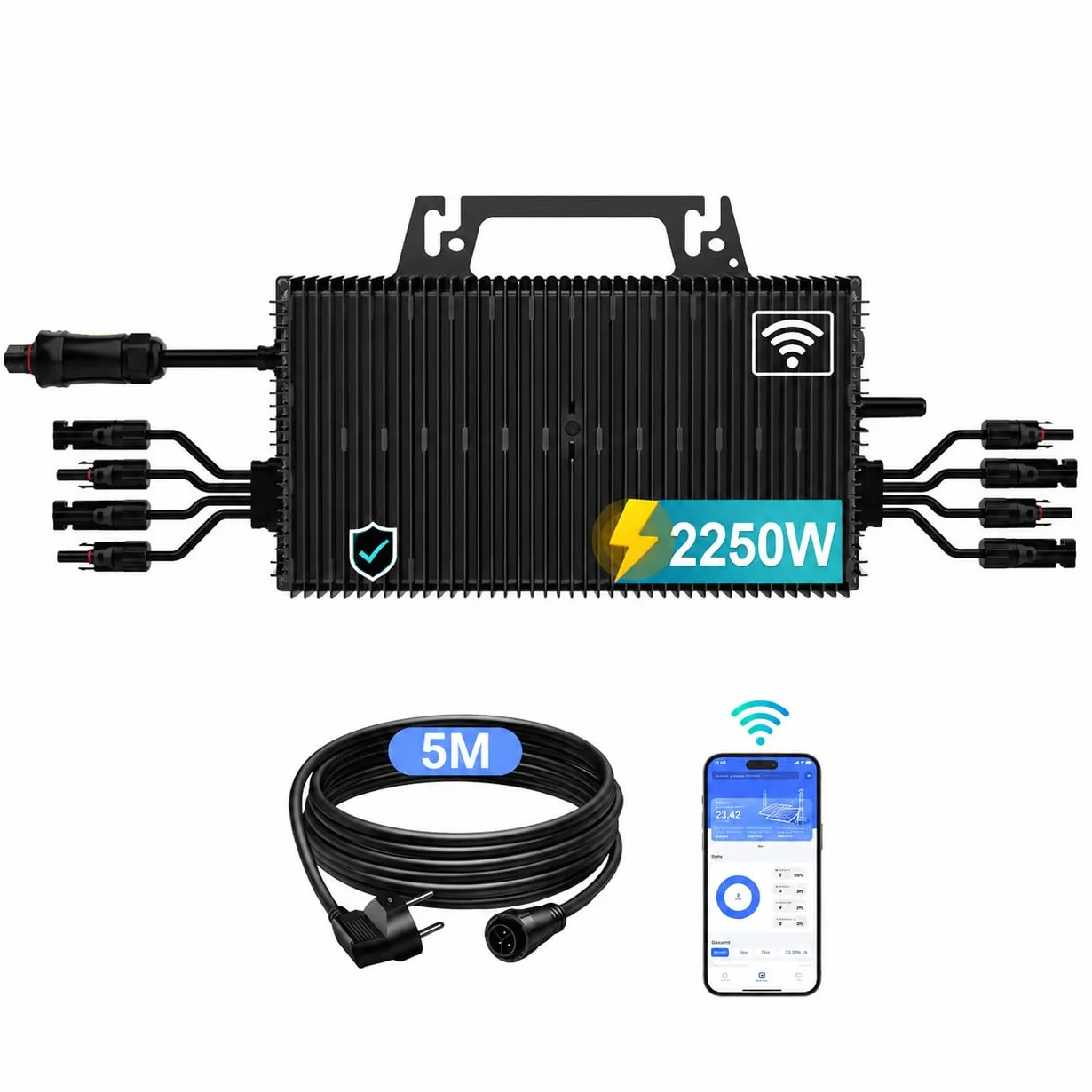 Mikro Wechselrichter 2250W mit 4 MPPT, WLAN, IP67, Balkonkraftwerk | Plug & Play mit 5 m AC-Kabel, bis zu 96 % Wirkungsgrad und App-Steuerung