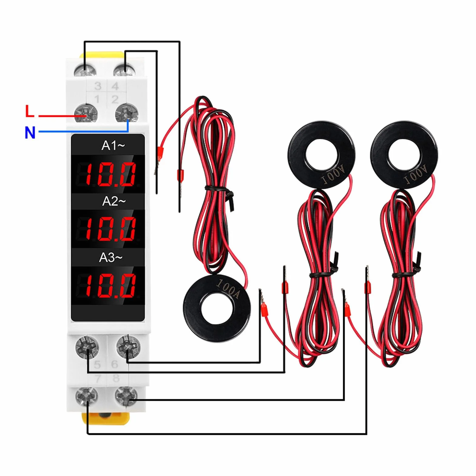 3-Phasen-DIN-Schienen-Amperemeter, AC-Amperemeter mit 3 Sensoren, Echteffektivwert, 1–100 A Stromüberwachung, 80–500 V AC-Digitalanzeige, Industrielle Energieanzeige für Fabrikautomatisierung