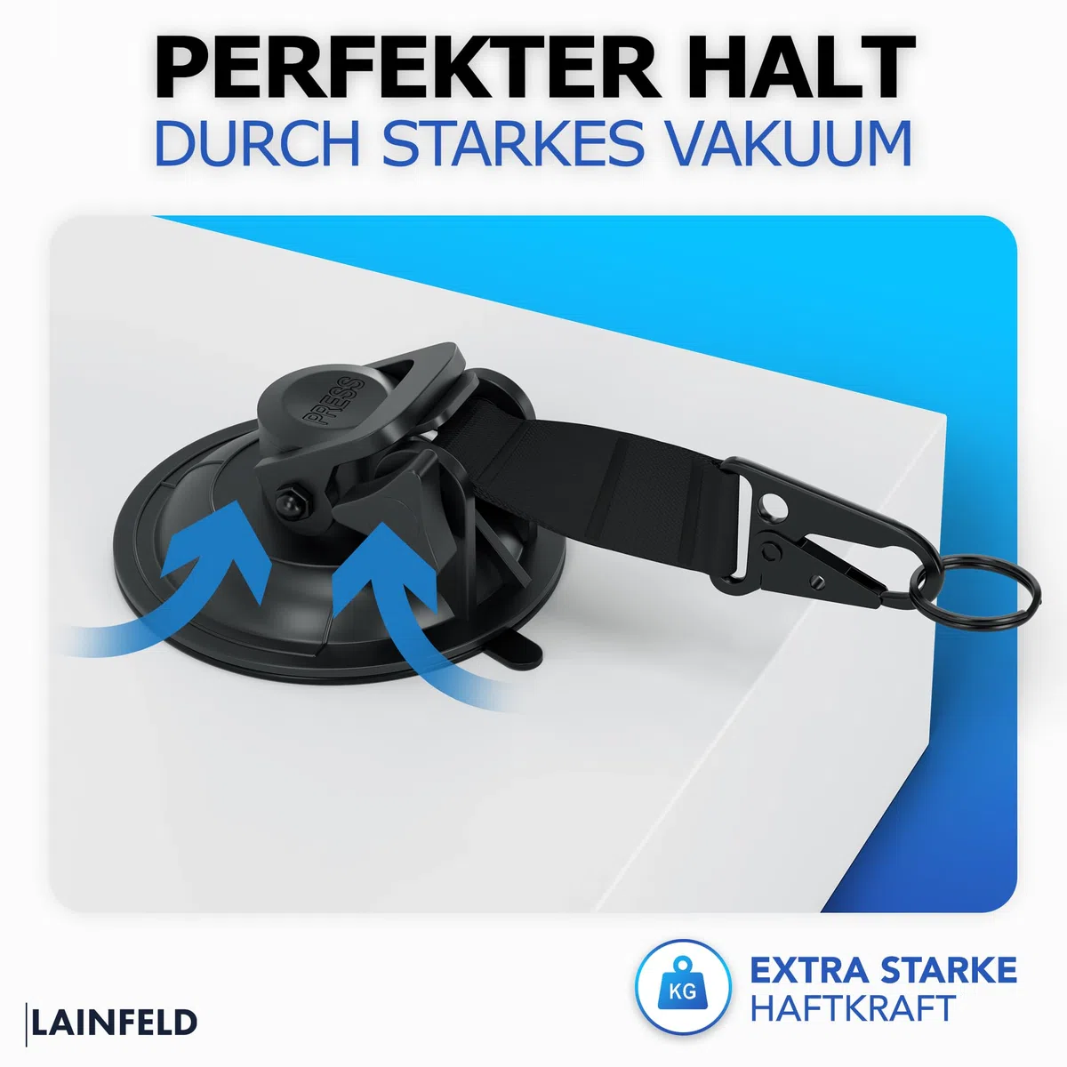 LAINFELD Saugnapf Haken | 4er Set mit Karabinerverschluss und großen Haken | Extra stark | Große Saugnäpfe für Camping, Auto, Balkon | Saughaken