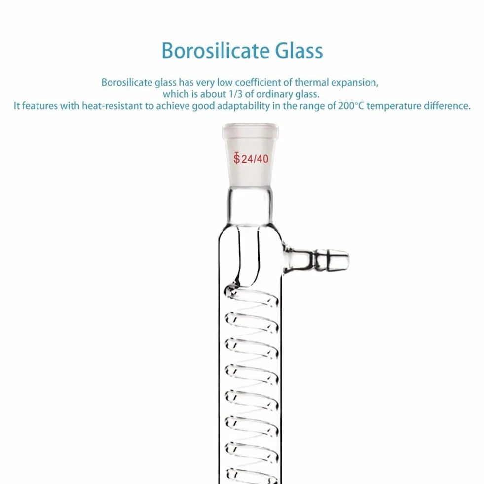 Kondensator aus Borosilikatglas mit Anschluss 24/40, Länge der Jacke 300 mm, Kondensator aus Laborglas, Serpentinen-Kondensatorrohr, einfach zu bedienen