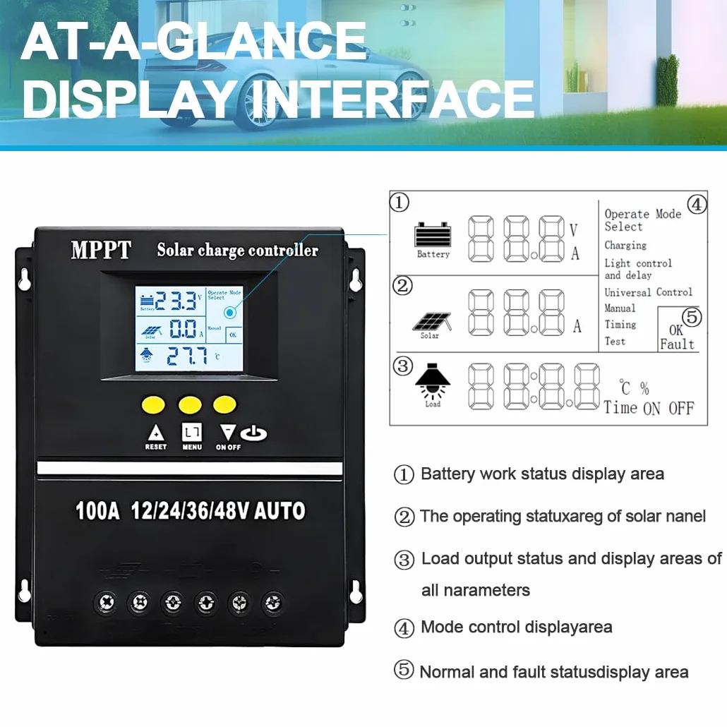 100A MPPT Solar Laderegler 12V 24V 36V 48V LCD Display Bildschirm Batterie intelligenter Regler mit maximalem 100V Eingang Dual USB für Blei-Säure/Lithium Batterien