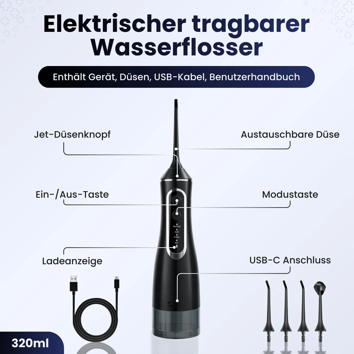 BeFit24 Elektrische Tragbare Munddusche 320 ml Water Flosser Kabellos IPX8 | Munddusche Waterflosser Tragbarer Dental Irrigator 4 Modi 120PSI 1400–1800/min | 1400mAh Batterie USB Wiederaufladbar