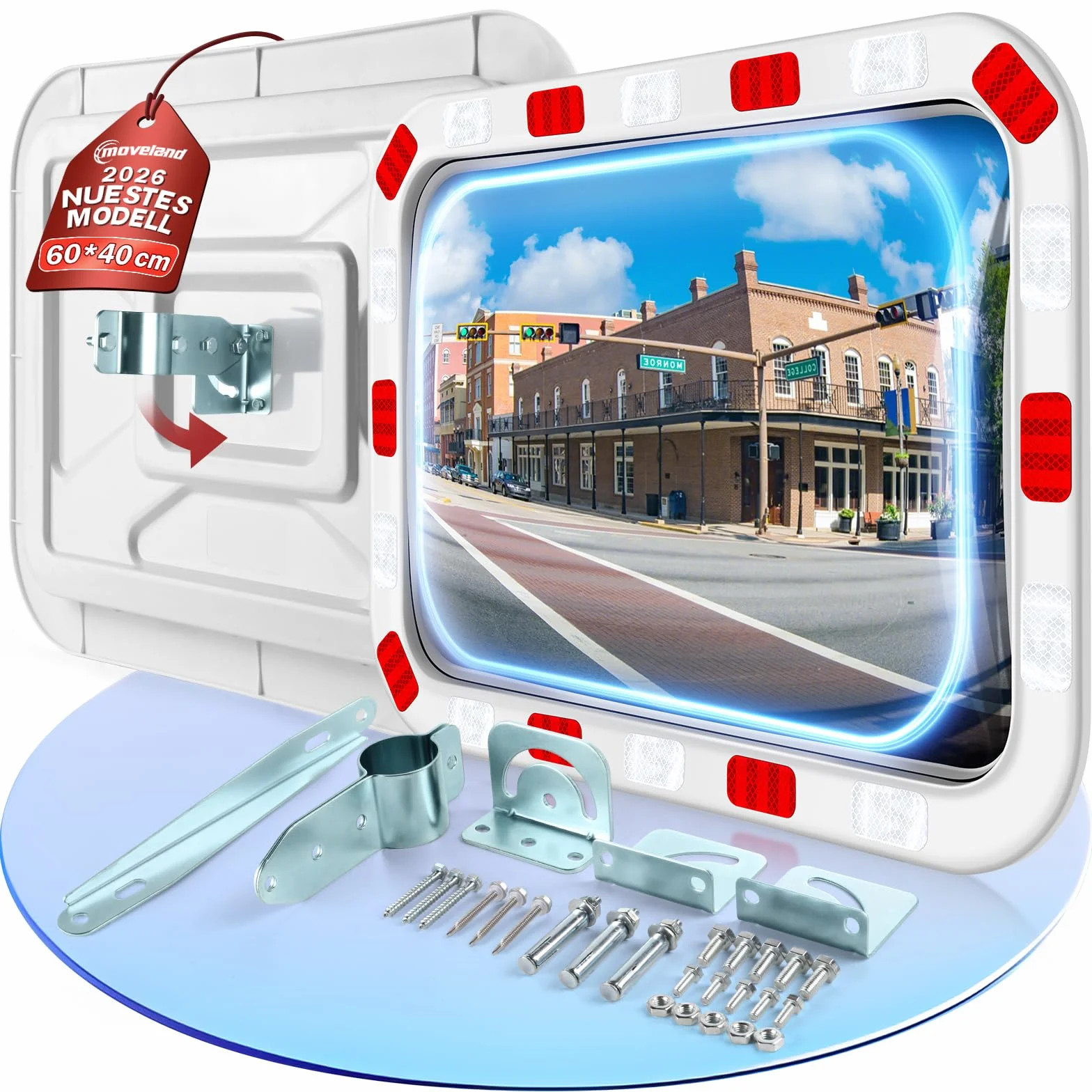 moveland Verkehrsspiegel Rechteckig 40x60 cm – Professioneller Acryl-straßenspiegel mit Verstellbarer Halterung, Einfache Montage, Weitem Blickwinkel für Verkehr, Straßen, Garage (Innen & Außen)