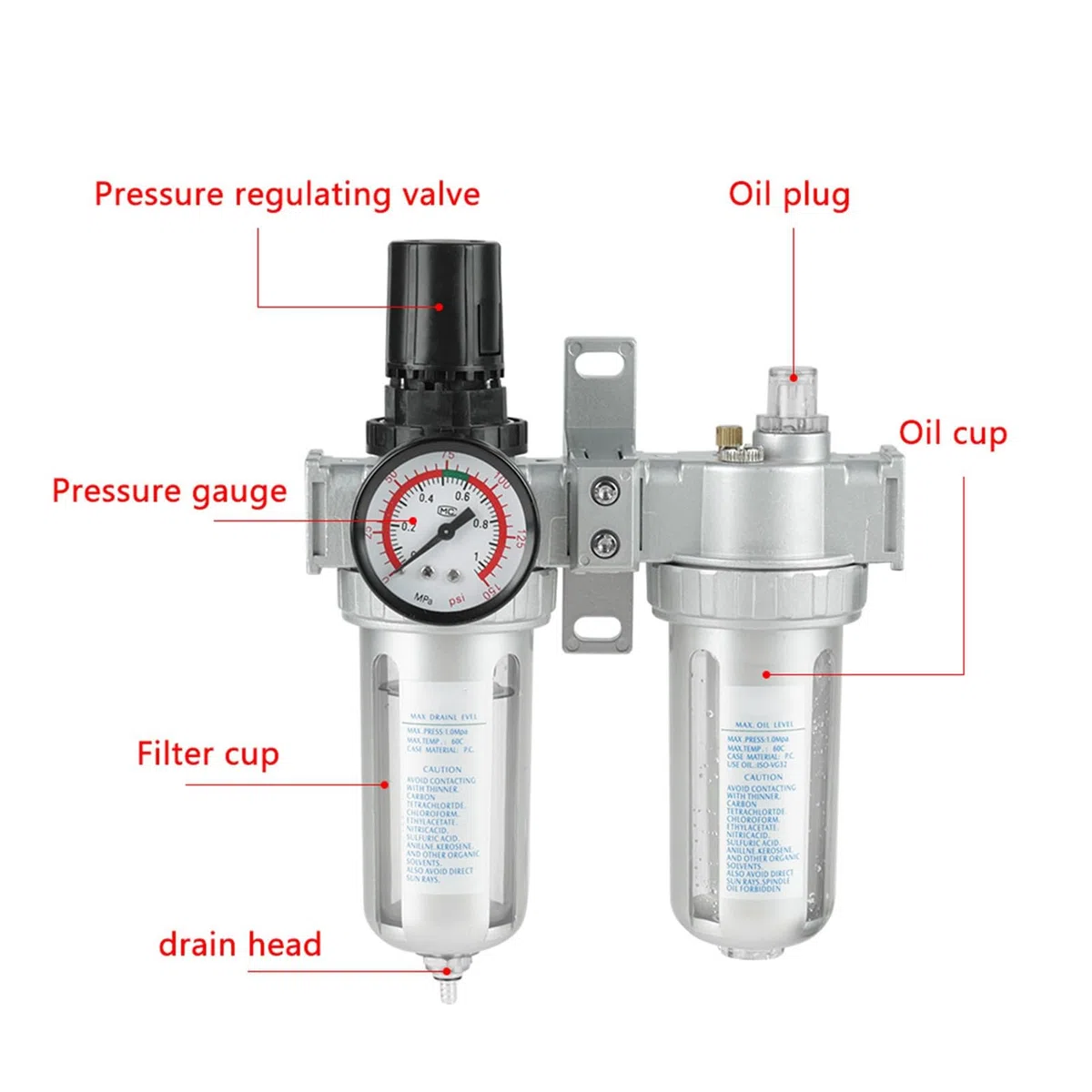 Druckminderer Druckluft, 1/2 Zoll Öl Wasser Regulator mit Manometer, Aluminiumlegierung Luftfilterregler Pneumatischer Druckluftfilterregler, für Druckluftkompressor
