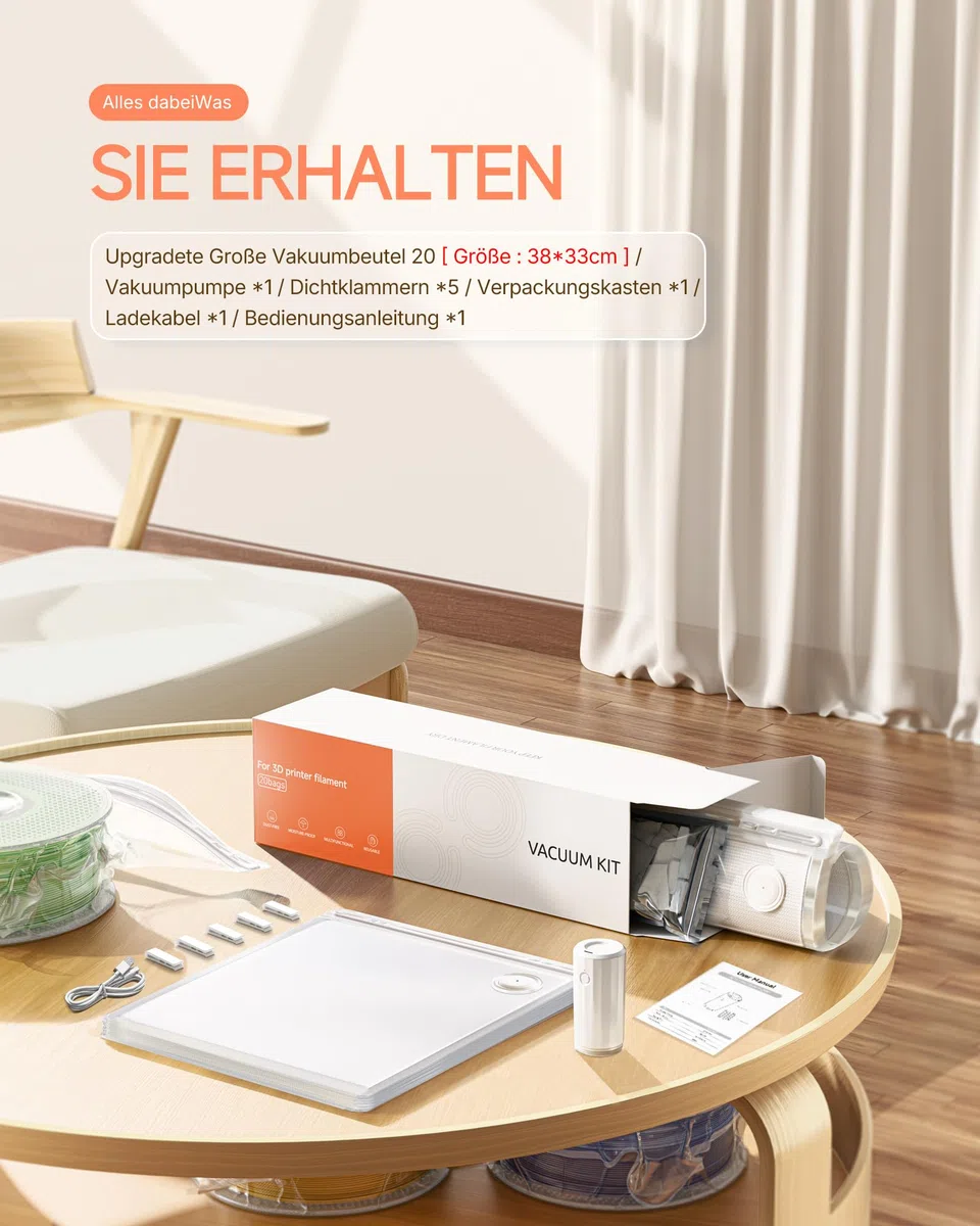 YOOPAI Vakuumbeutel-Kit für 3D-Drucker-Filament mit Automatischer Pumpe, 20 Extra Große Aufbewahrungs Beutel (38x33 cm) Kompatibel mit Bambu Lab 1.75mm Filament