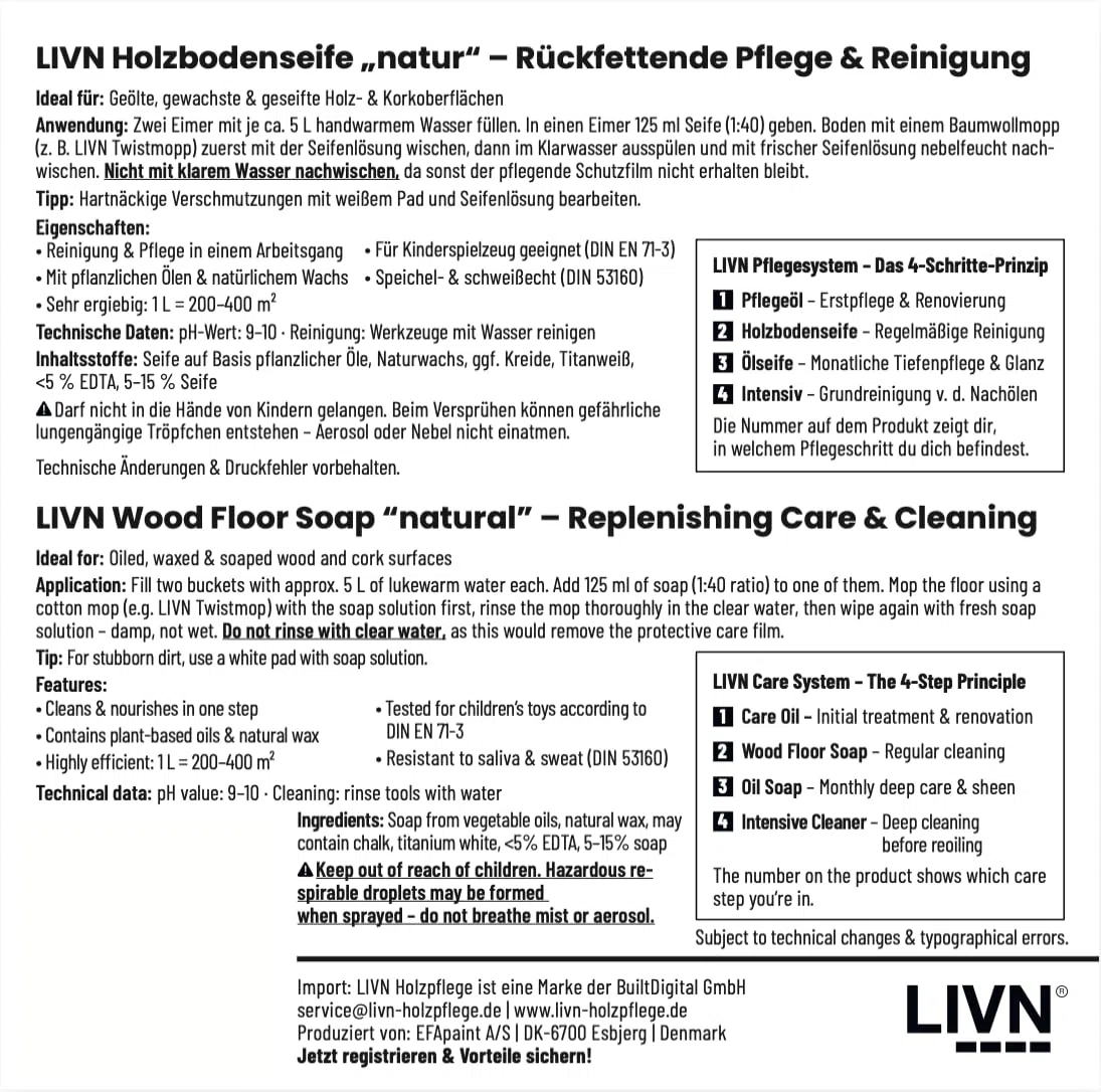 LIVN Holzbodenseife Natur 2,5L | Rückfettende Pflege & Reinigung, Für geölte Holz- & Korkböden, 200-400m² Ergiebigkeit, Made in Denmark
