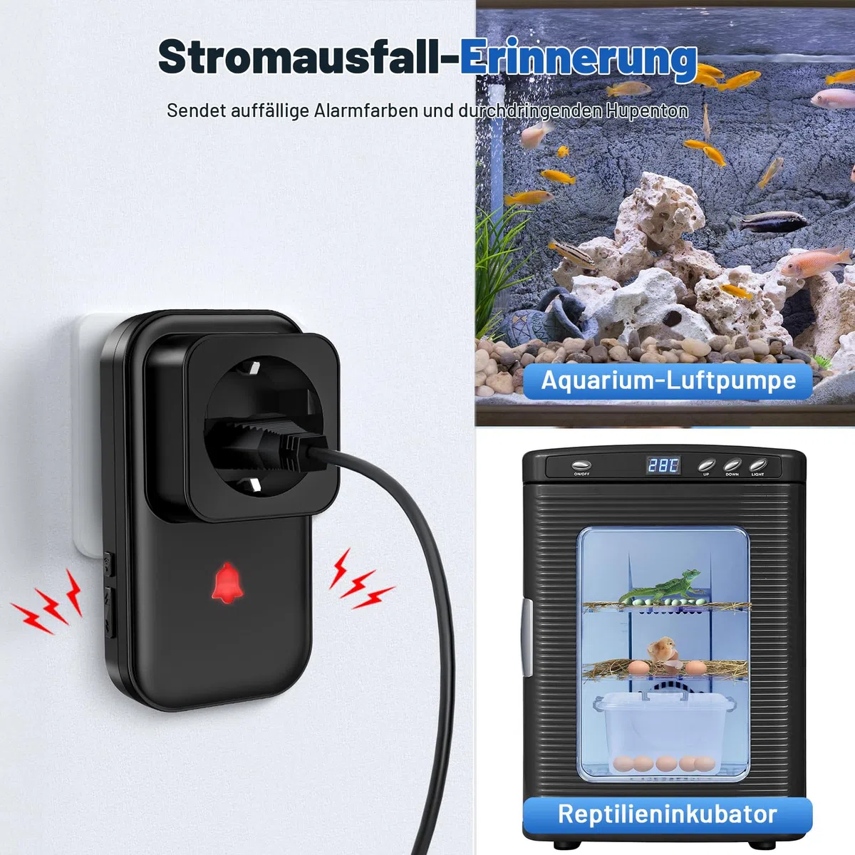 Stromausfallalarm melder mit LED Anzeige, 0-110db Stromausfallmelder Stromausfall Alarm bei Stromausfall im Gefrierschrank, 7 wählbare Alarmtöne Monitor für Kühlschrank, Tauchpumpen & Aquarium