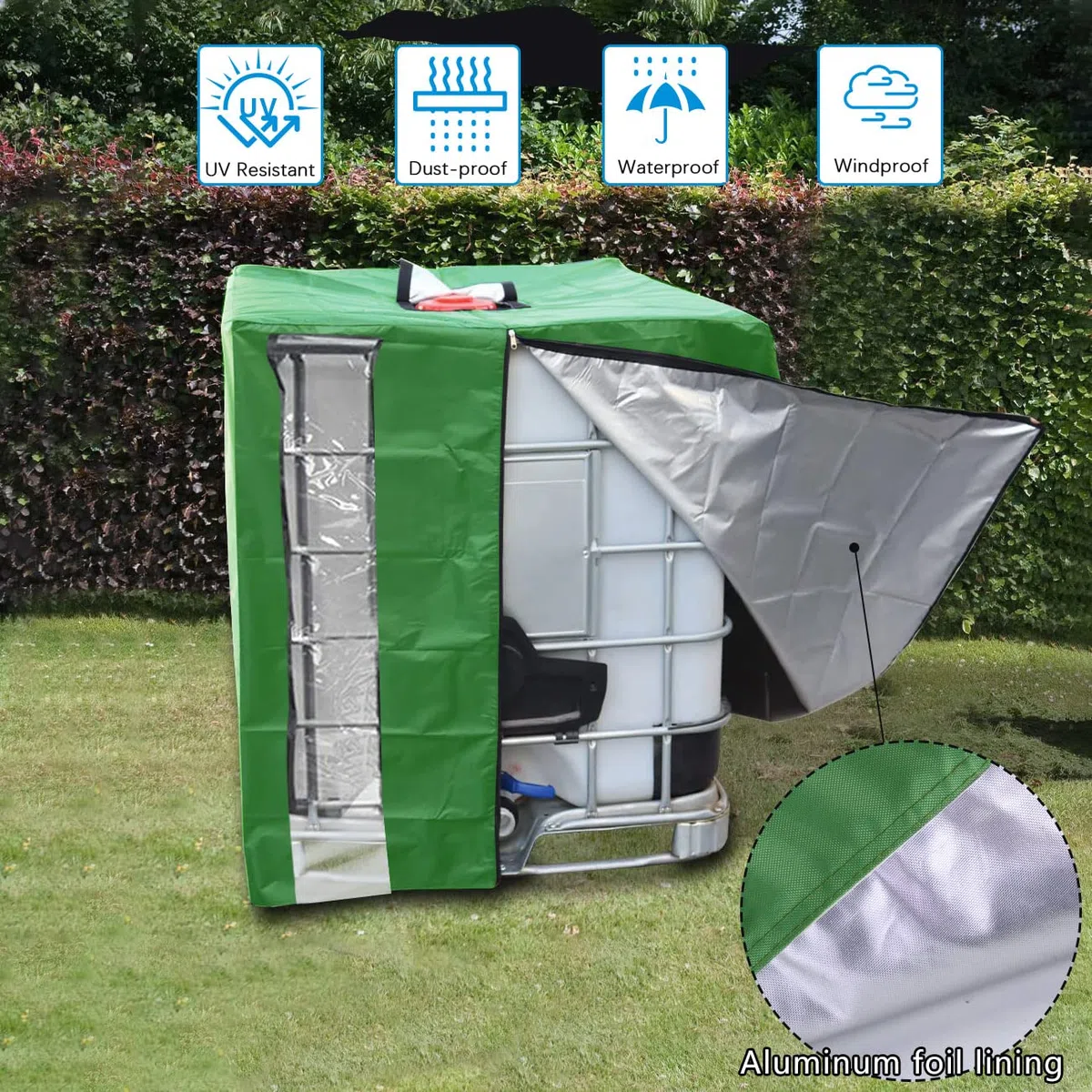 IBC Tank Abdeckung 1000L mit Sichtfenster, Abdeckplane IBC Container Cover mit Reißverschluss, UV-anit Abdeckplane für Regenwassertank, 420D wasserdichte Schutzhülle Schutzplane (120 * 100 * 116CM)
