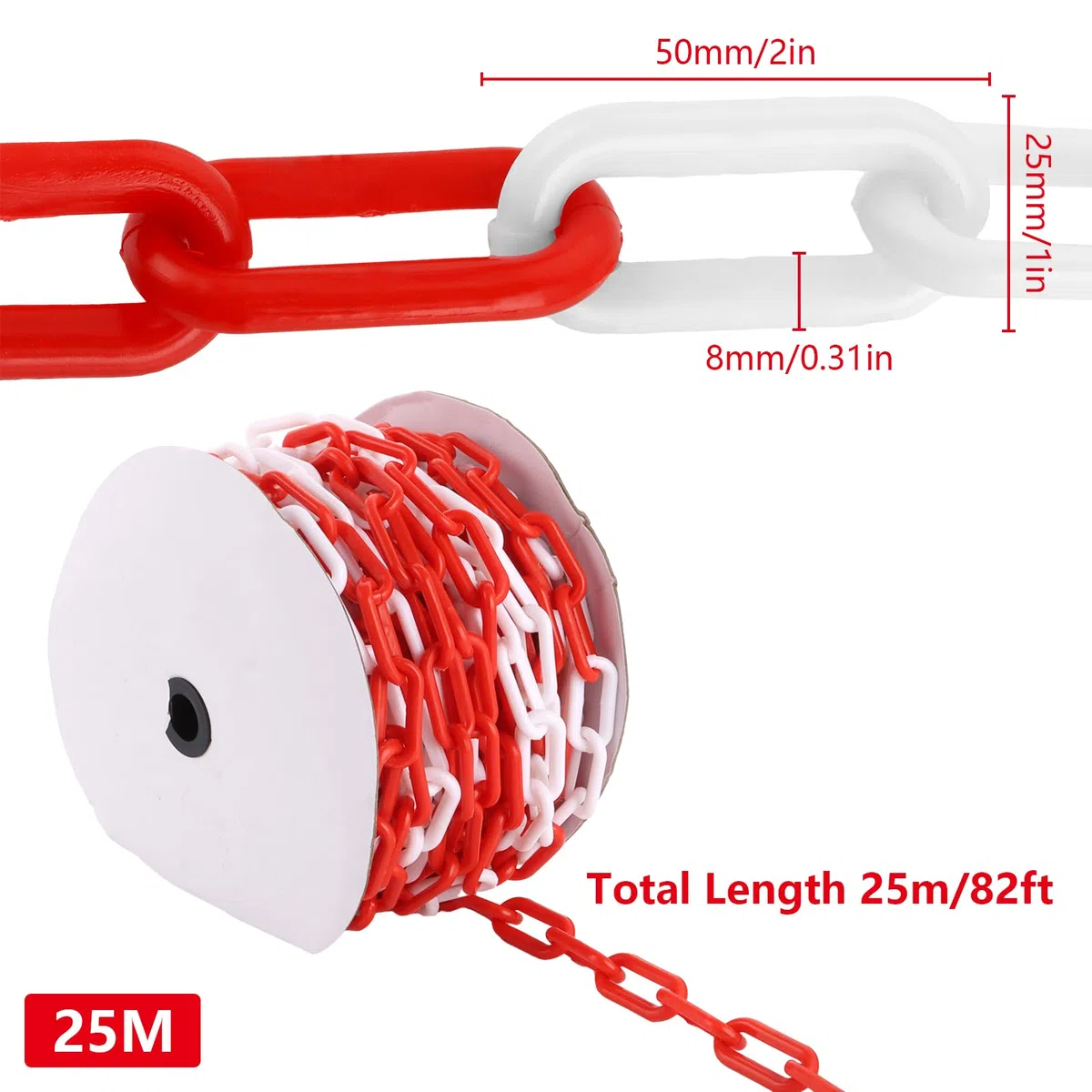 APACALI 25M Absperrkette Rot Weiß Kunststoff, 8mm Warnkette Plastikkett, Kunststoffkette zum Absperren, Kunststoff Absperrkette von Flächen, Gut Sichtbar, Stabil und Handlich