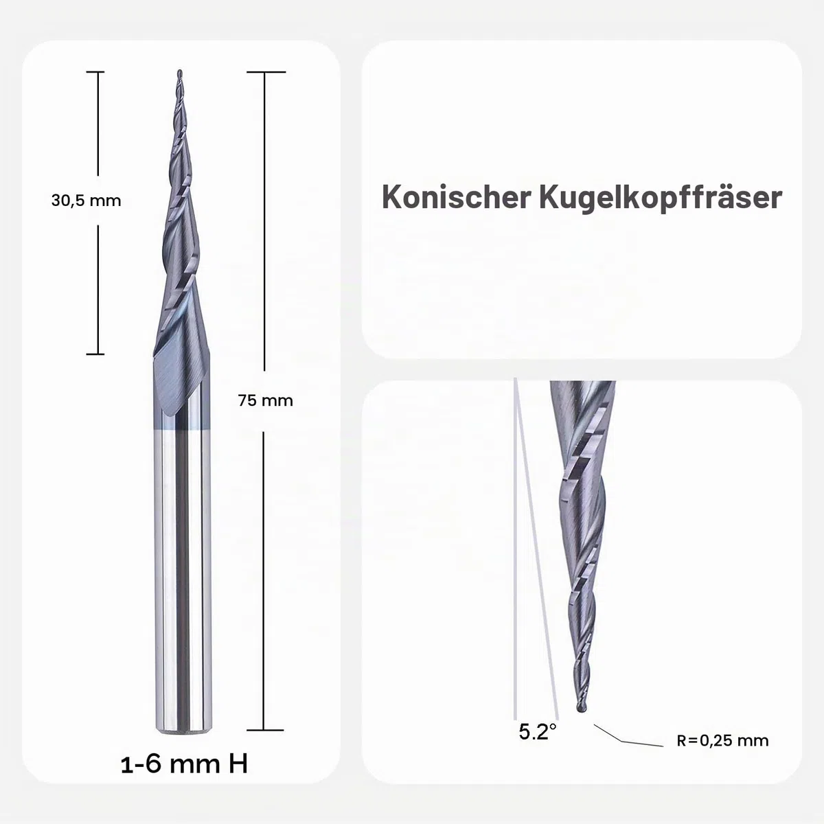 SpeTool Kugelkopffräser 6mm Schaft VHM Konische Fräser CNC 2 Flöten 0,25 mm Radius Schaftfräser mit TiAlN Beschichtung Gravierfräser für Oberfräse 2D und 3D Gravur