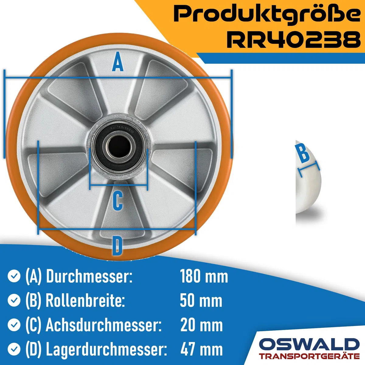 Hubwagen Rad Polyurethan 180 x 50/50 mm, Achse 20 mm - Ersatzrad inkl. Kugellager