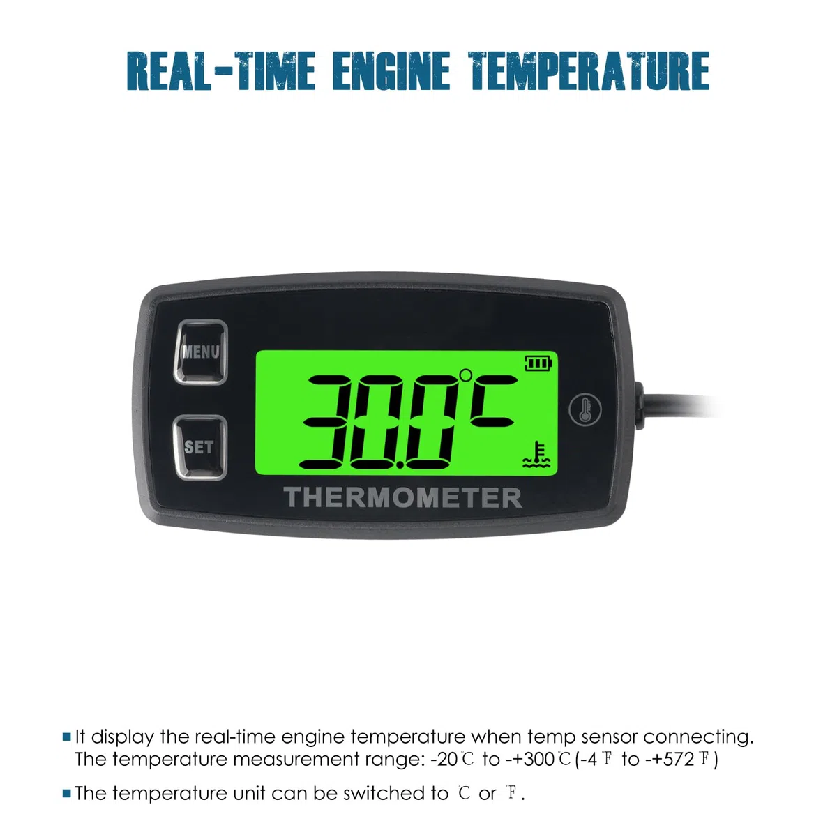 Runleader Digital LCD Motortemperaturanzeige, Übertemperaturwarnung, grüne Hintergrundbeleuchtung, Batterie austauschbar für Generator Motorrad Dirtbike ATV Außenborder Motor Marine Schneemobil