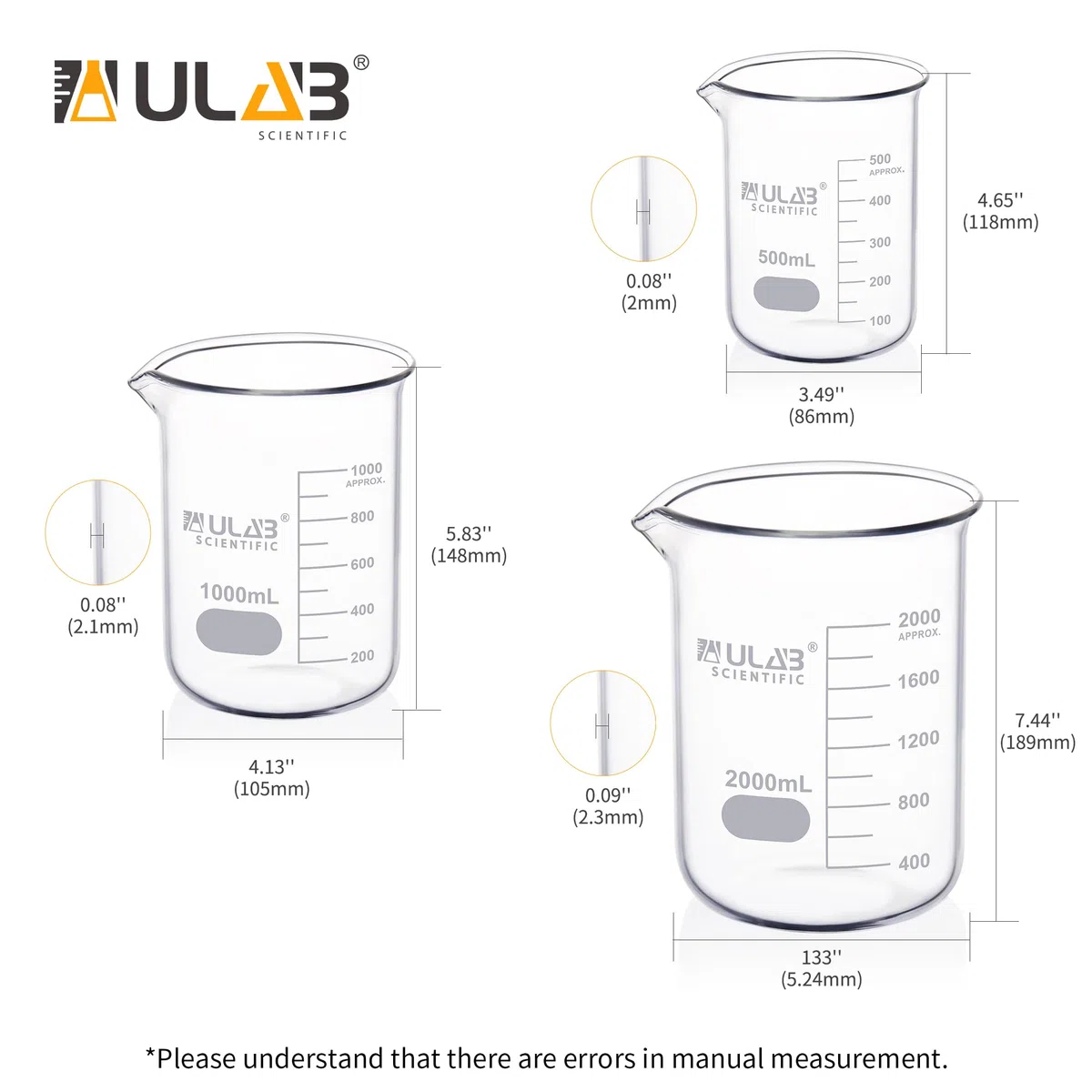 ULAB Scientific Glasbecher Set, 3 Größen von Vol. 500 ml, 1000 ml, 2000 ml, 3.3 Borosilikat Griffin, niedrige Form mit gedruckter Skala UBG1028