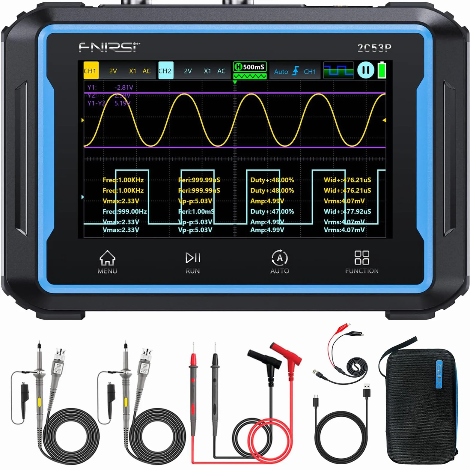 FNIRSI 2C53P Handheld Tablet Oszilloskop, Multimeter, DDS-Signalgenerator 3IN1, 2-Kanal Automobil Oszilloskop Multimeter mit 50MHz Bandbreite, 19999 Zählungen, 250MS/s Abtastung, 4,3-Zoll-Touchscreen