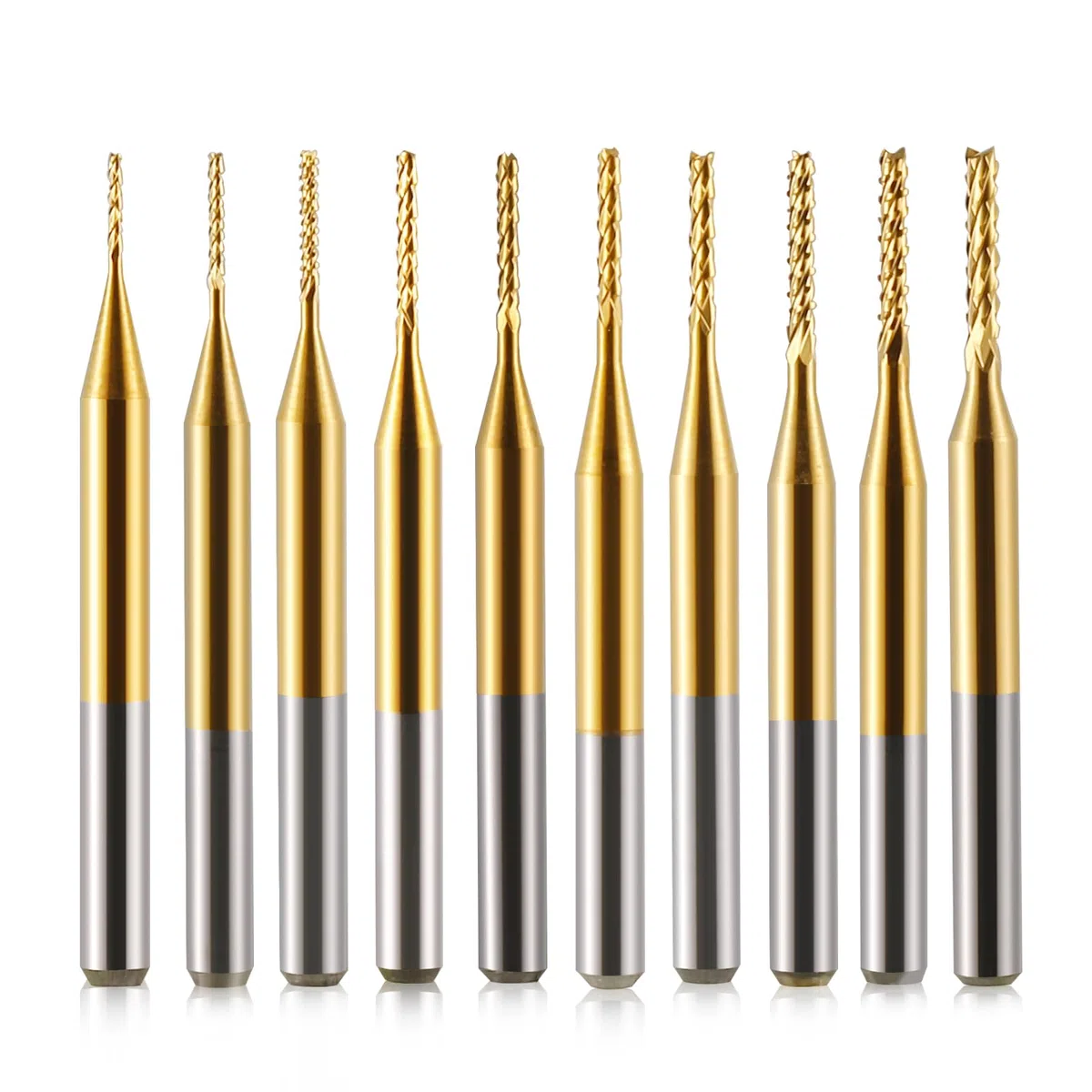 10 Stücke Hartmetall Schaftfräser, 1/8 Schaft Titan Coat CNC Fräser Stückchen Fräser Schnitzsatz, Stirnfräser Drehgrat Werkzeug Gravur Bits für PCB/SMT/Hartholz/Leiterplatte/Faser, 0,6-1,5mm