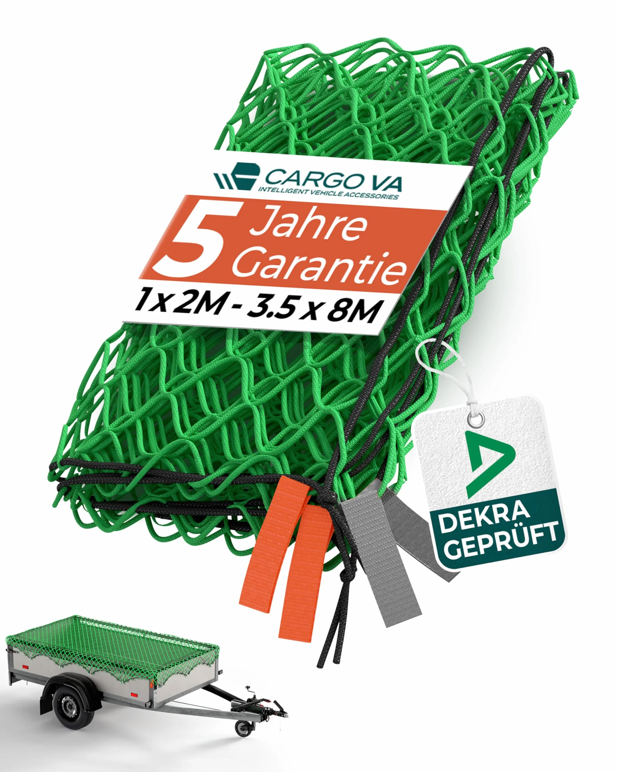 CargoVA Anhängernetz 2x3M [DEKRA Geprüft] - Ladungssicherungsnetz mit Gummiseil & Eckenmarkierung - Abdecknetz für Anhänger, Reißfest