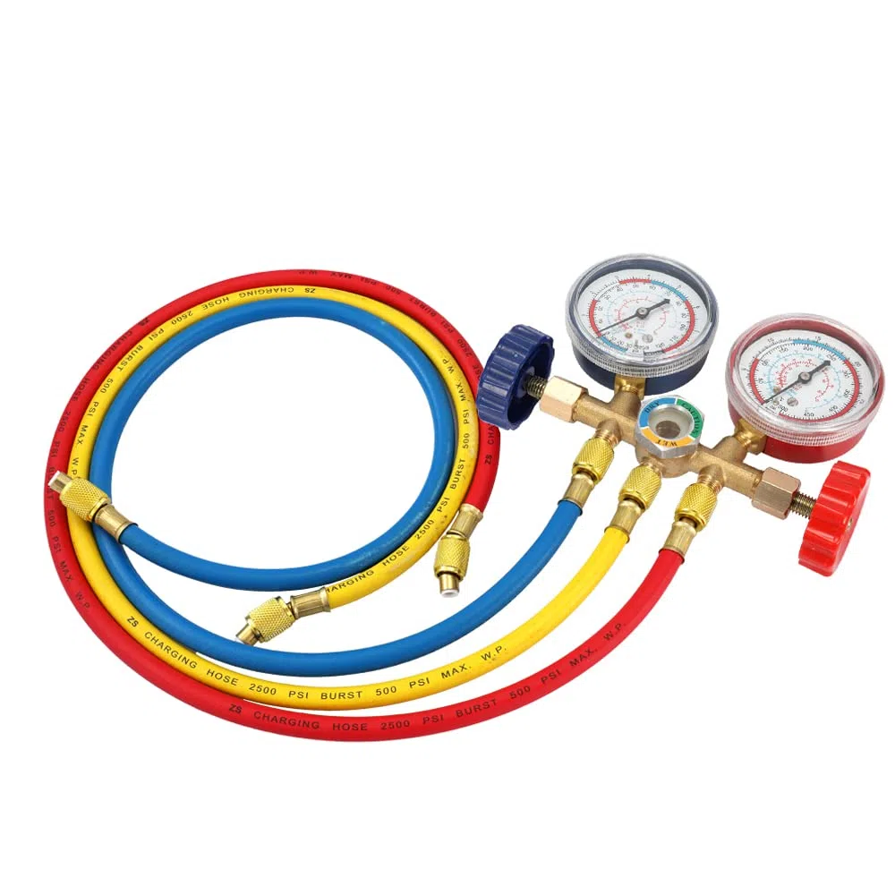 Weytoll Kältemittel Befüllung Schlauch, Kältemittel Manometer mit Schlauch und Haken, Auto AC Kältemittelaufladung Druckuhr-Armatur für Klimaanlagenprüfung, -20 ℃ bis 60 ℃ R12, R22, R404A,R134A