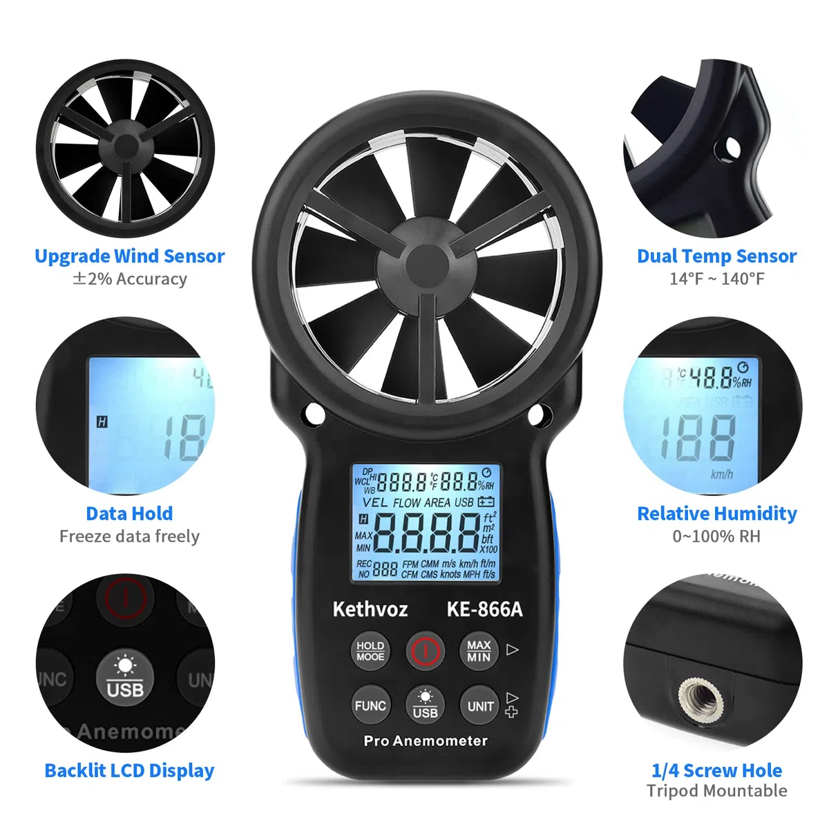 Windmesser HVAC Anemometer, Kethvoz Windmessgerät CFM Air Flow Tester Windgeschwindigkeitsmesser Messen Luftströmung Speed Wind Temperatur für Air Vent Dust Collection Drone Shooting KE-866A