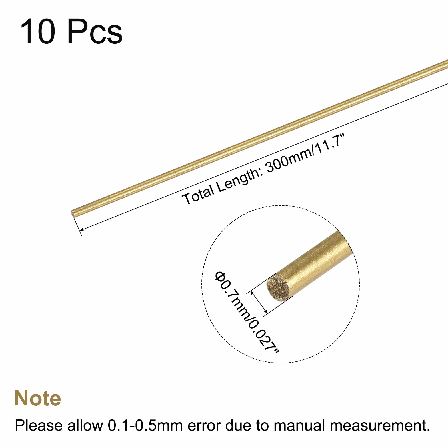 sourcing map Messingstange, Metallstange, massiv, rund, 0,7 mm Durchmesser, 300 mm Länge, Drehmaschinen-Stange für RC-Modelle, DIY-Handwerk, 10 Stück