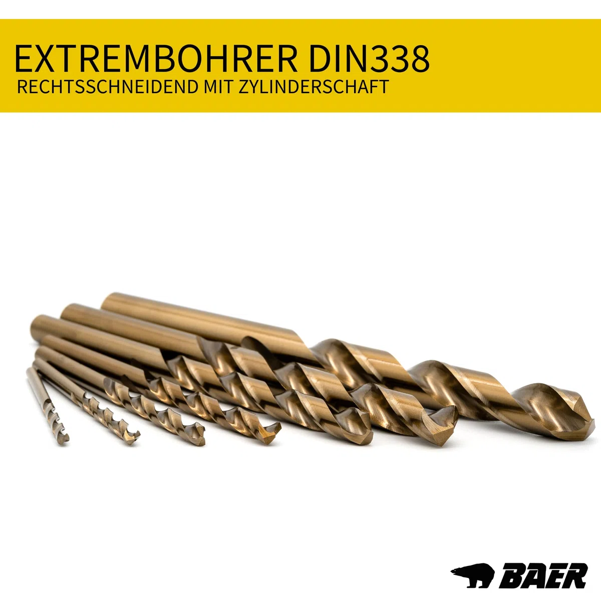 BAER HSS-E Spiralbohrer Set M3–M12 | 10-tlg. Kernlochbohrer Satz mit 5% Cobalt (DIN 338) | Metallbohrer für Stahl, Edelstahl V2A, INOX, Eisen, Aluminium | BaerCoil Stahlbohrer Set