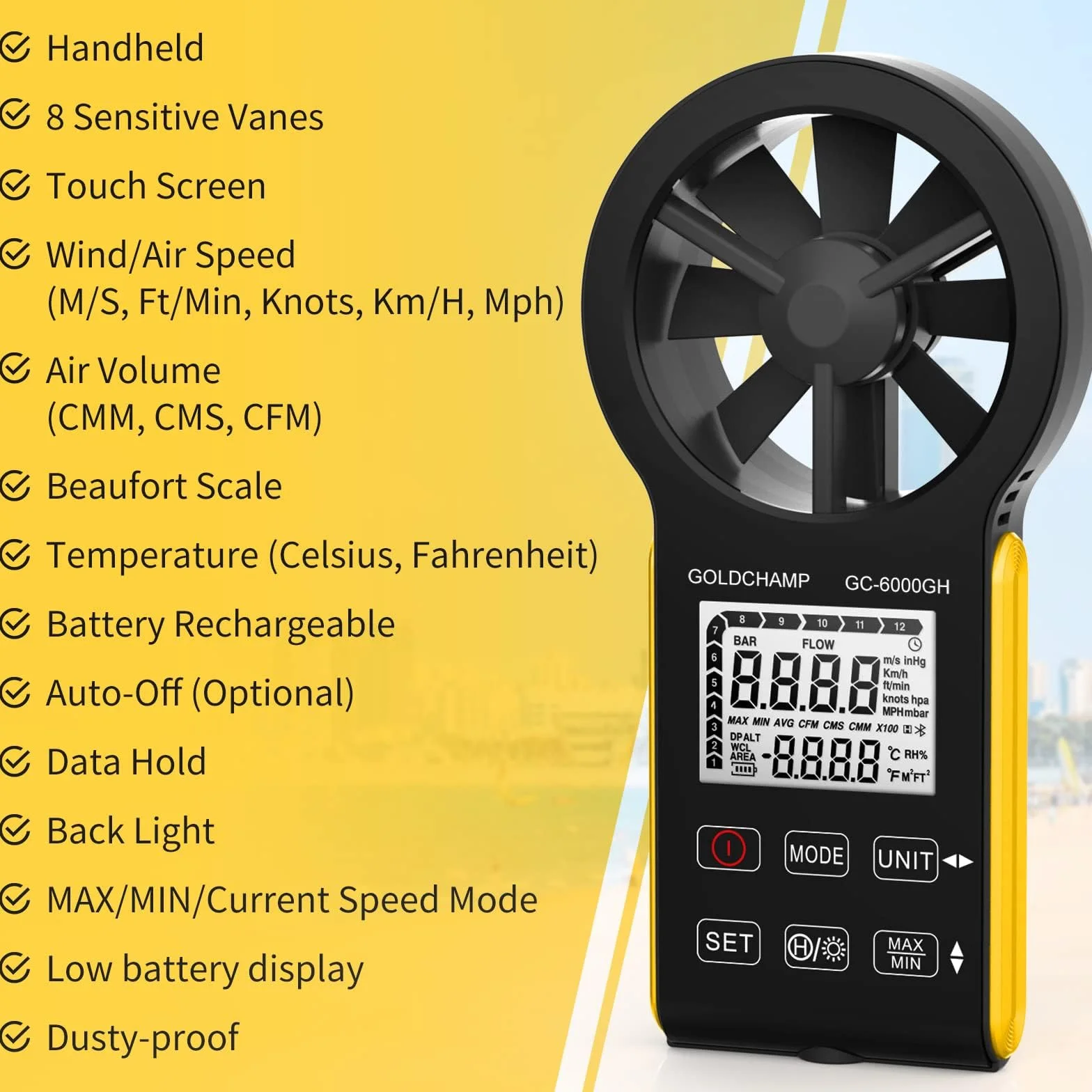 Digitales Anemometer, CFM Wiederaufladbar & Wasserdichtes Anemometer Misst Windgeschwindigkeit(0.3~30m/s), Luftvolumen(0-999900 ft3/min) Touchscreen, Hintergrundbeleuchtung Display für HVAC, Schießen
