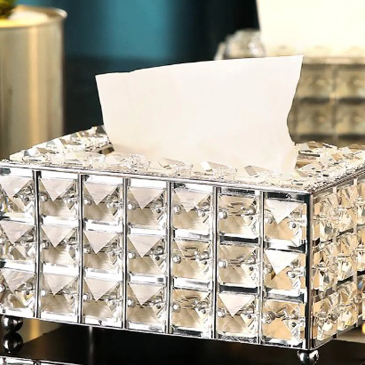 Kristall-Taschentuchbox-Halter, silberfarben, luxuriöser Taschentuchspender aus Metall mit Kristallakzenten, moderner Organizer für Wohnzimmer und Badezimmer