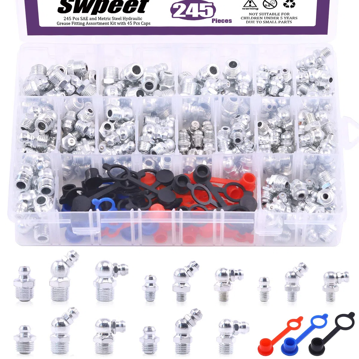 Swpeet 246 Stück SAE & Metrisch Fettnippel Sortiment Kit, Hydraulische Fettbeschl ge Standard mit Kunststoff Fettfitting Kappe,1/4 Zoll, 90 Grad, 45 Grad Winkel led Fett Zerkn s