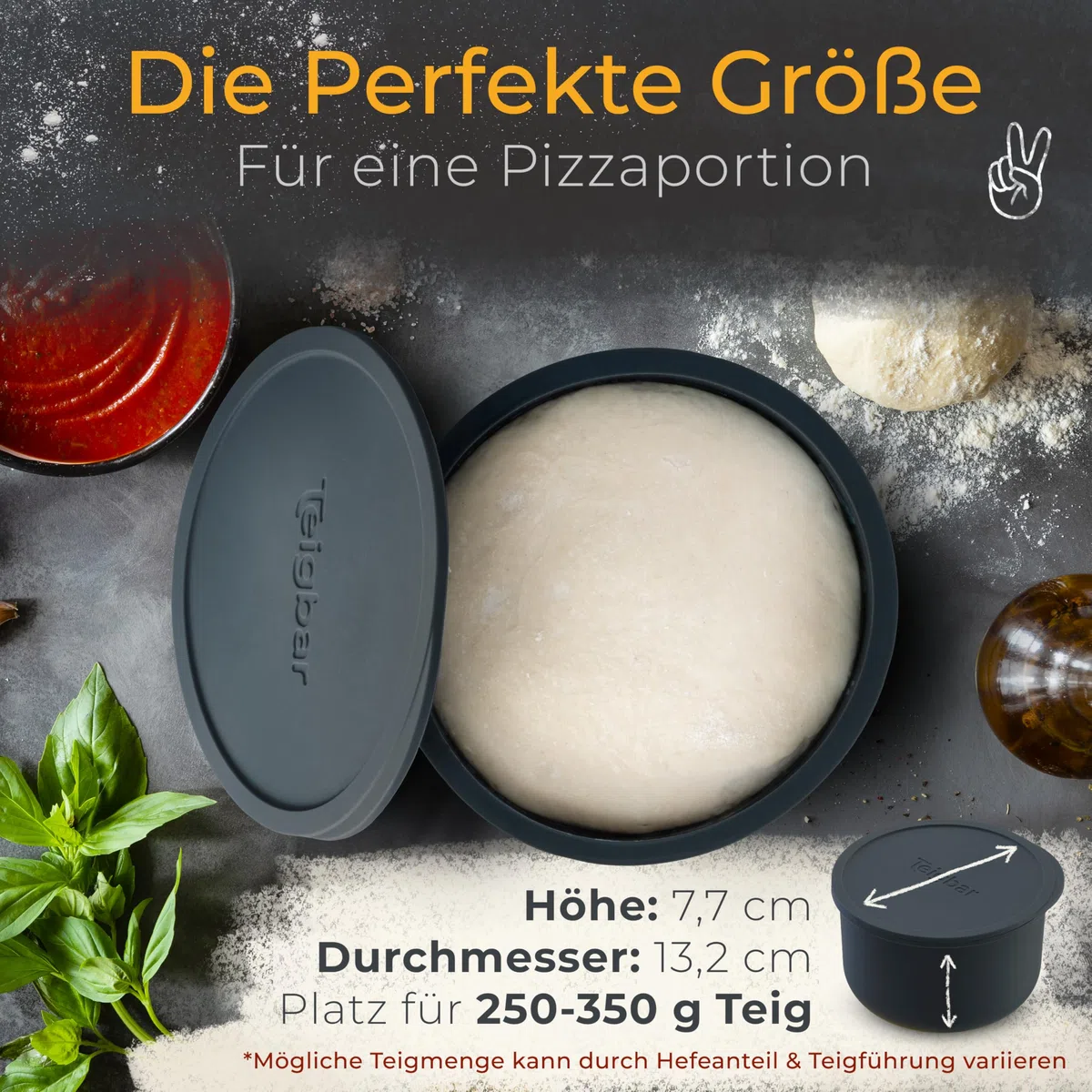 Teigbar« Pizzaballenbox mit Deckel, 4er Set - platzsparende Teigbox aus löse-leichtem Silikon - bis zu 350g Pizzateig Box mit Deckel, Pizza Box - Schwarz/Grau - Ø13cm