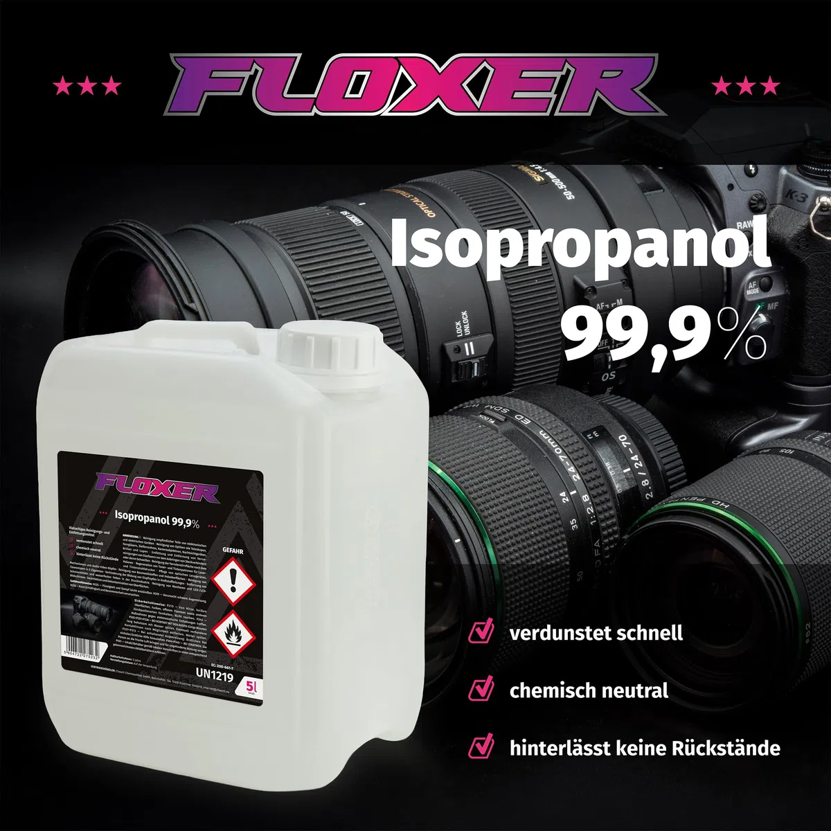 FLOXER Isopropanol 99,9% 5L – IPA Isopropylalkohol & Reinigungsalkohol. Hochreines Lösungsmittel gegen Fett, Öl, Harz, Klebereste. Universeller Entfetter für Elektronik, Werkstatt & Haushalt.