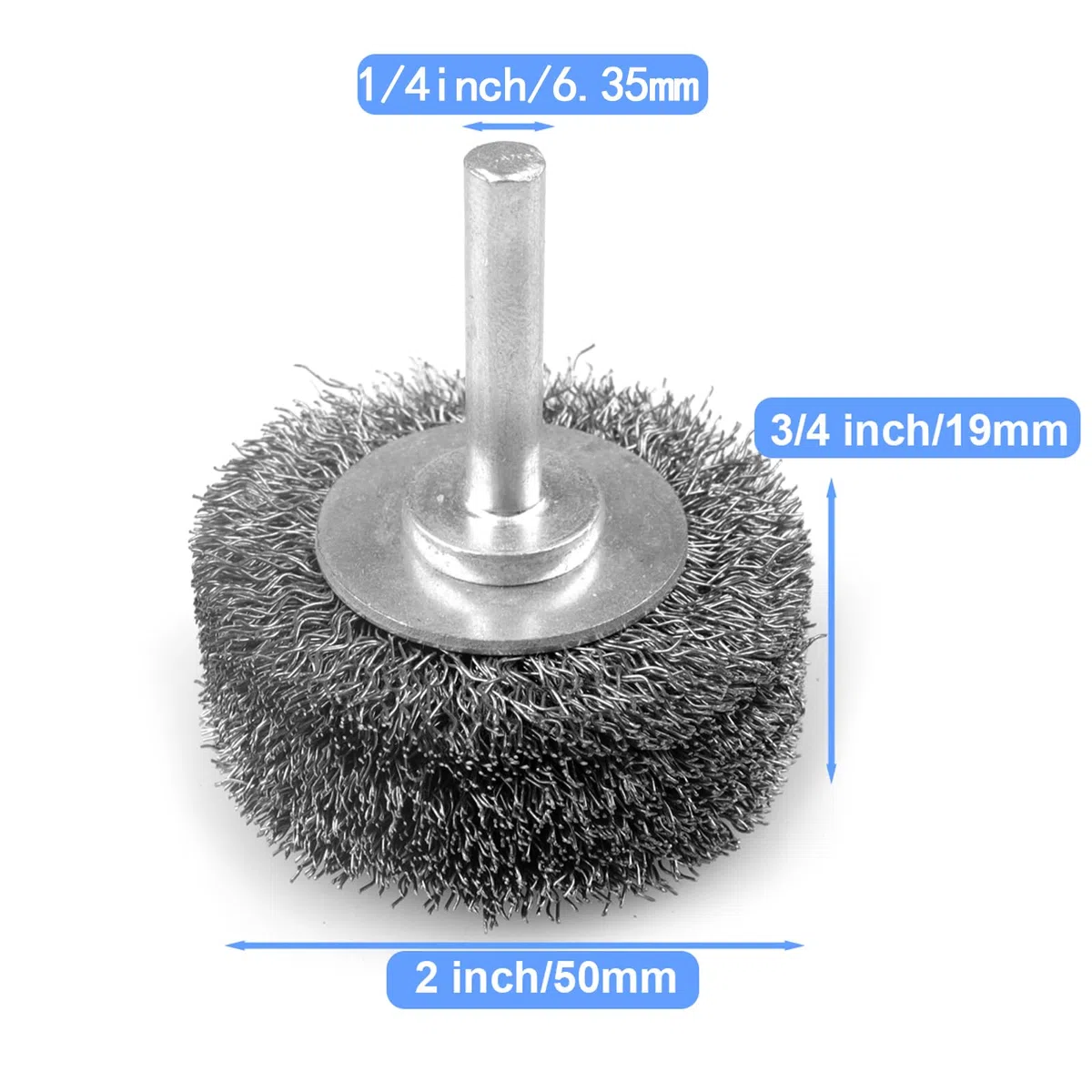 2 Stück 50mm Drahtbürstenrad für Bohrer, 0,3 mm grob gewellter Kohlenstoffstahldraht, 6,35mm Rundschaft, Hochleistungsdrahtbürste zur Entfernung von Rost, Korrosion und Farbe