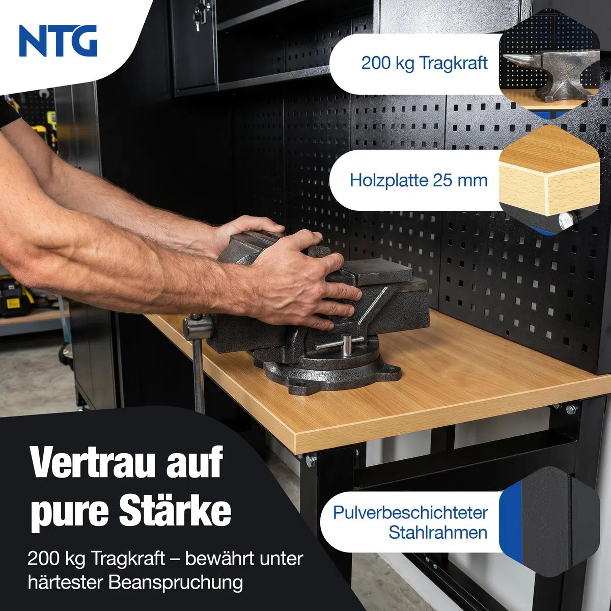 NTG XL Werkstattwand Komplett-Set 210 cm – Werkbank mit Werkstattwagen-Elementen & Lochwand – Modulare Werkstatteinrichtung mit Werkzeugschränken, 25 mm Holzarbeitsplatte, 200 kg Traglast
