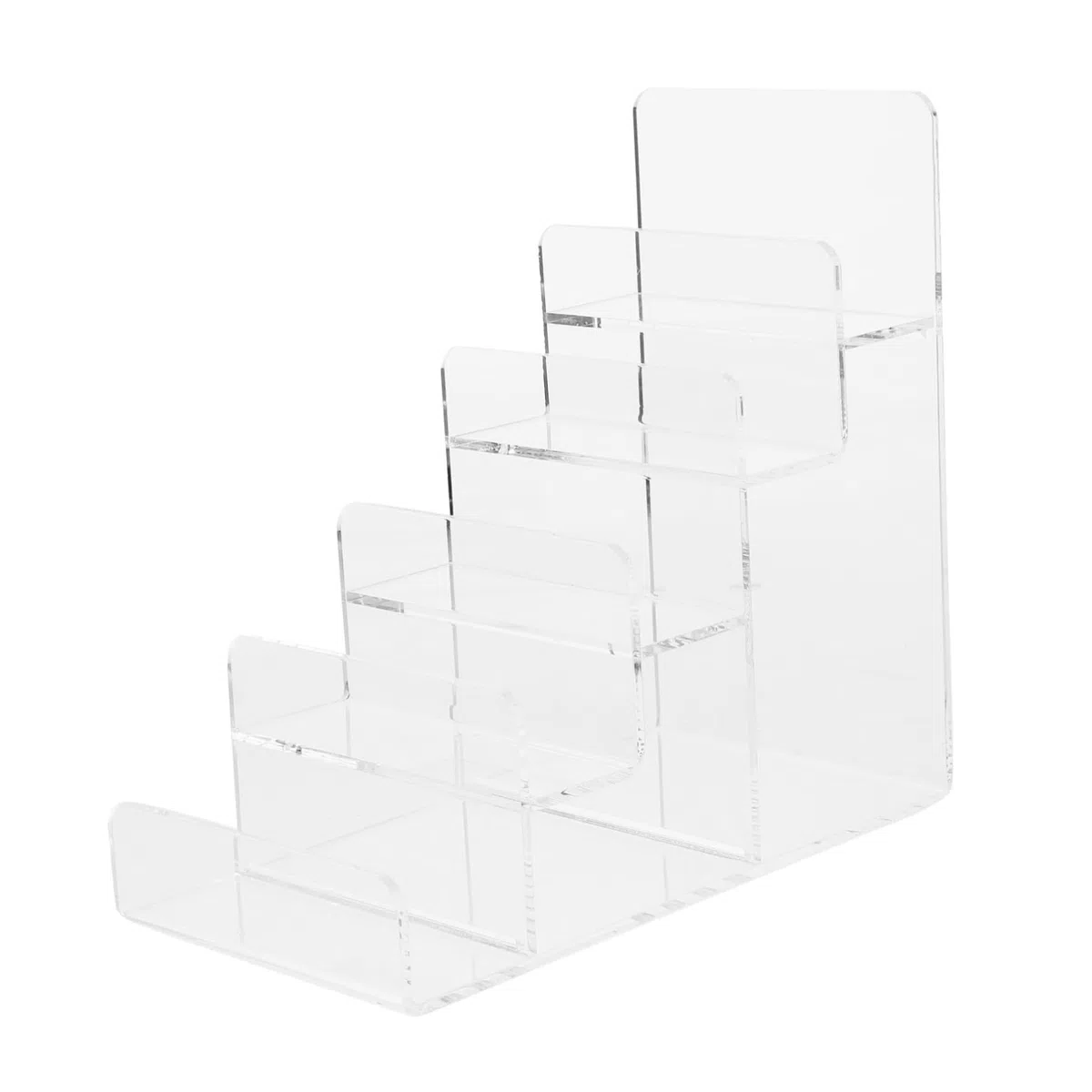 Transparenter 5-stufigen Acryl Displayständer mit 3,5cm Abstand als Desktop Organizer zur Präsentation von Geldbörsen im Geschäft und Garderobenbereich