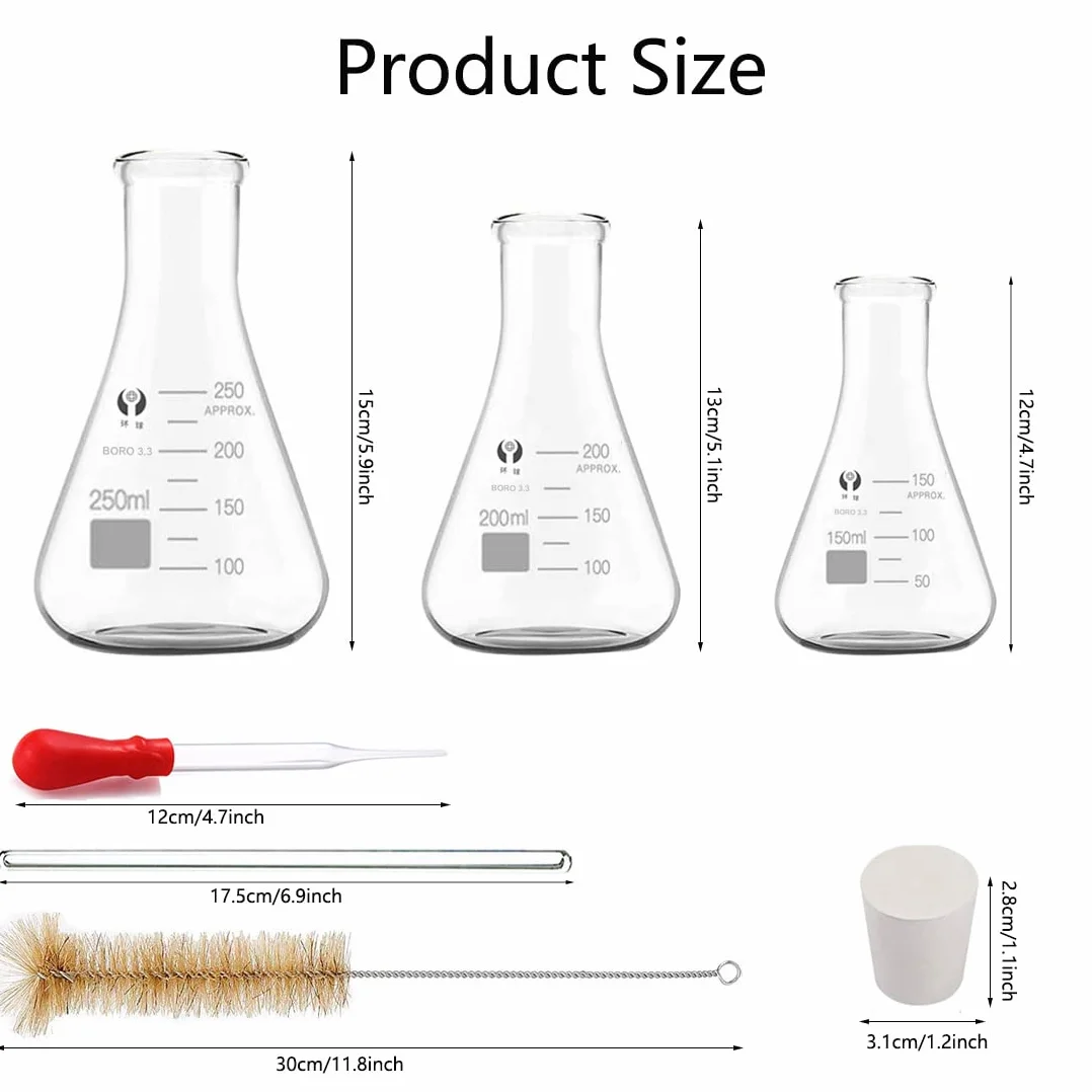 Glas Erlenmeyerkolben Set, JESTOOLO 250ml 200ml 150ml Konisch Fläschchen, 10 ml/5ml Messzylinder Glas mit 3 Glas Pipetten, 2 Waschbürste und 2 Glasstab, für Labor Lebensmittel Forschung Medizin