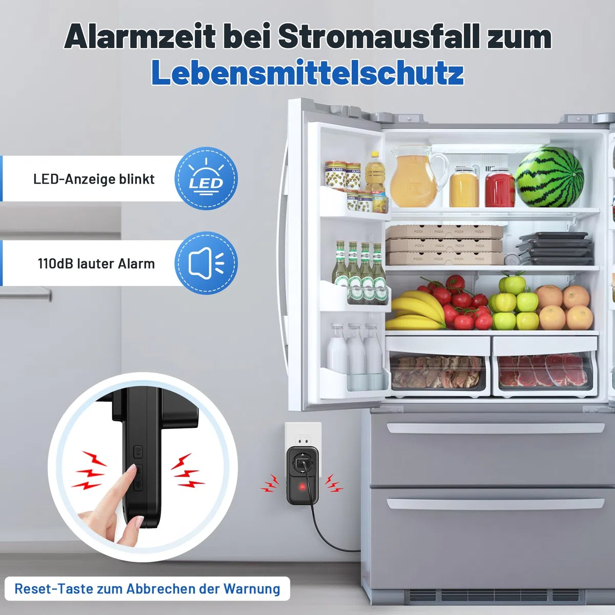 Stromausfallalarm melder mit LED Anzeige, 0-110db Stromausfallmelder Stromausfall Alarm bei Stromausfall im Gefrierschrank, 7 wählbare Alarmtöne Monitor für Kühlschrank, Tauchpumpen & Aquarium
