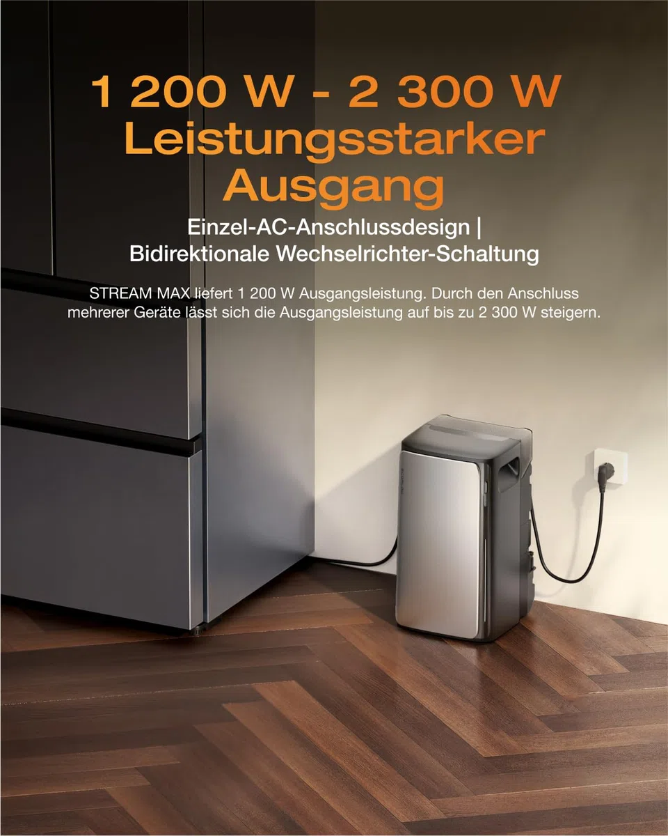 ECOFLOW Stream Max 1,92kWh 0% VAT, Balkonkraftwerk mit Speicher, 2 MPPT 1800W Solareingang, 1200W bidirektional, Single AC-Anschlüsse, bis zu 11,52kWh Kapazität, 6000 Zyklen, Plug&Play