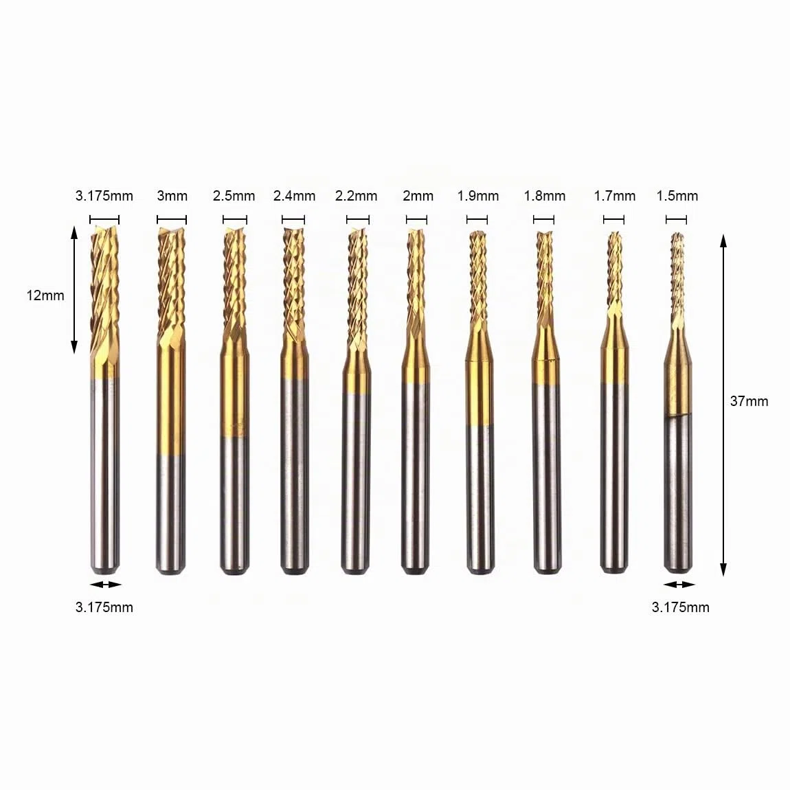 10 Stück Schaftfräser CNC-Fräser-Bits, 1/8 Zoll Schaft Fräswerkzeug Gravur Fräser Schaftfräser, 1,5–3,175 mm Titanbeschichtung CNC-Fräser-Bits