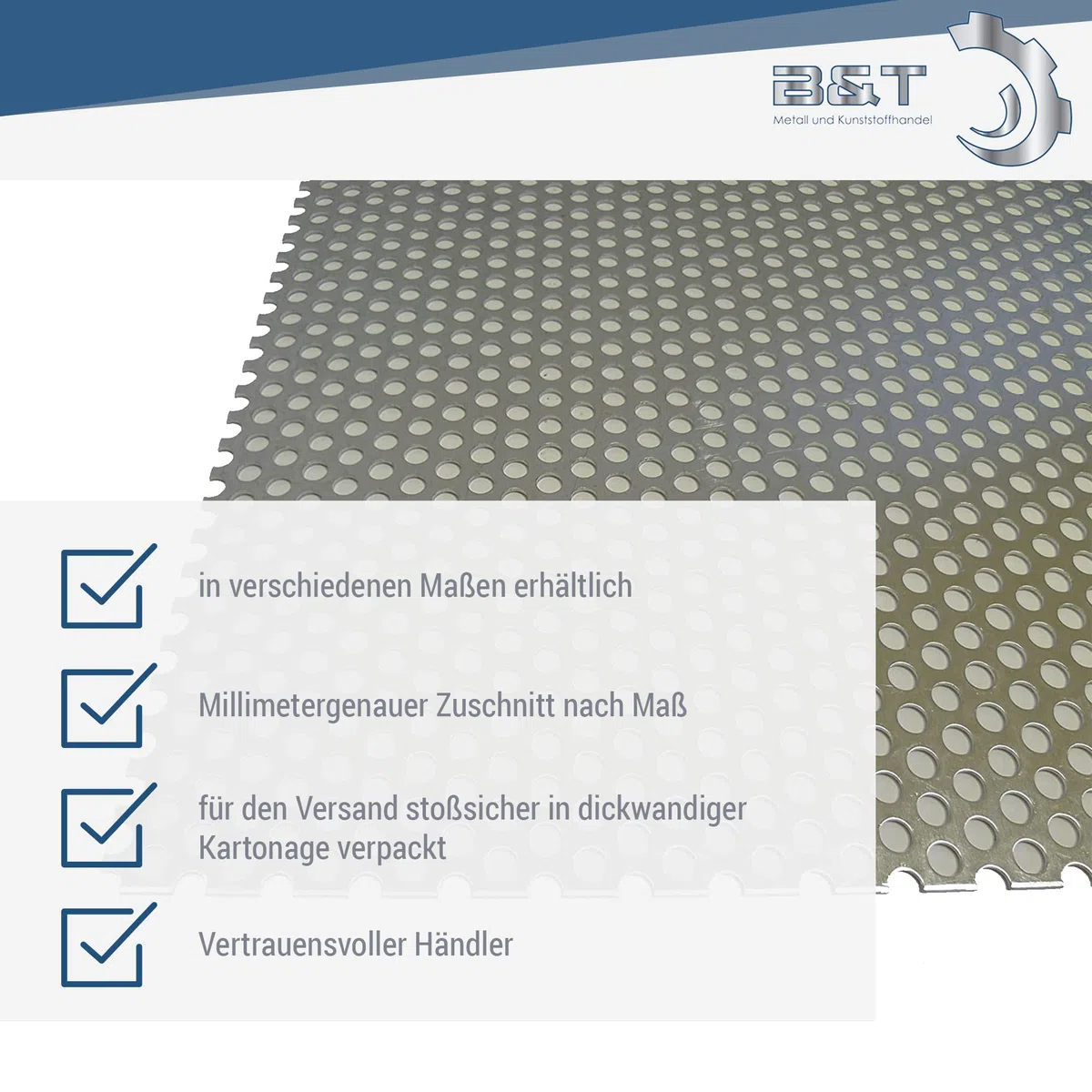 B&T Metall Aluminium Lochblech 1,5 mm stark Rundlochung Ø 6 mm versetzt RV 6-9 Größe 500 x 500 mm (50 x 50 cm)
