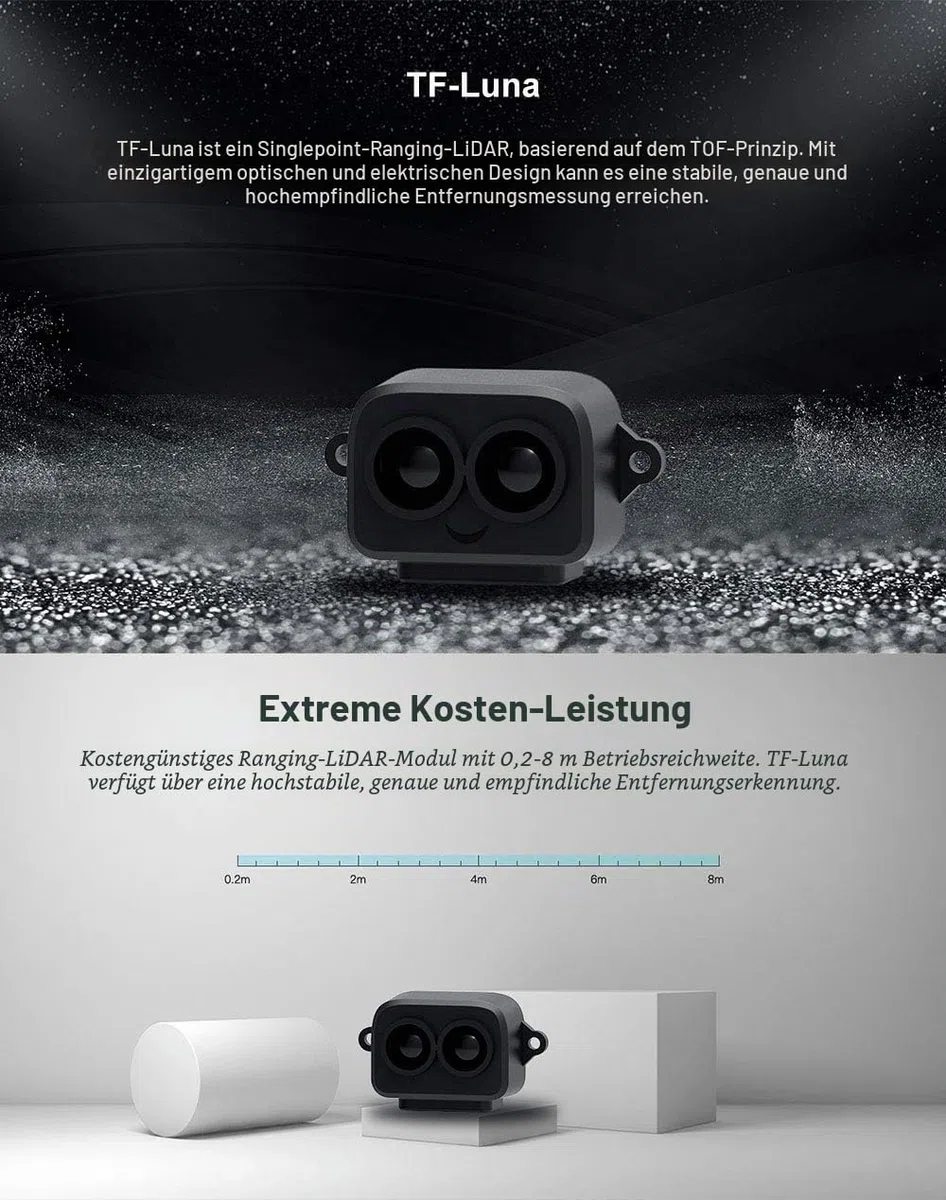 SmartFly Info TF-Luna Lidar-Sensor 0,1–8 m Kurzstreckenentfernung, Einpunkt-Rangefinder-Modul, UART/I2C, kompatibel mit Pixhawk, Arduino und Raspberry Pi für Drohne/Roboter Hindernisvermeidung
