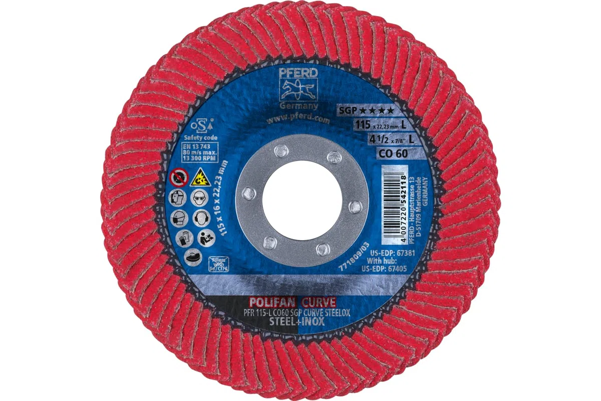 PFERD 67344 Polifan PFR Curve Radial-Typ Fächerscheibe, Keramikoxid, 12,7 cm Durchmesser, 2,2 cm Dornloch, 12200 U/min, Körnung 60