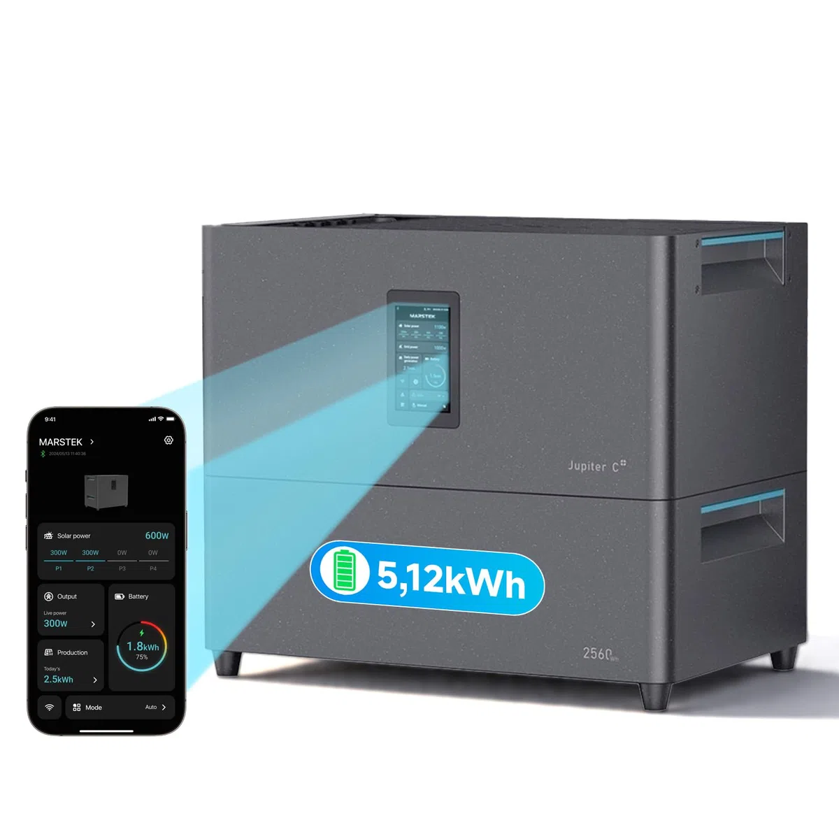 Marstek Jupiter C Plus 5,12kWh Speicher für Balkonkraftwerk (0% VAT), 4 MPPT 2400W Solareingang, All-in-One Stromspeicher mit Mikroinverter, bis zu 10,24kWh Kapazität, IP65, 6000 Zyklen