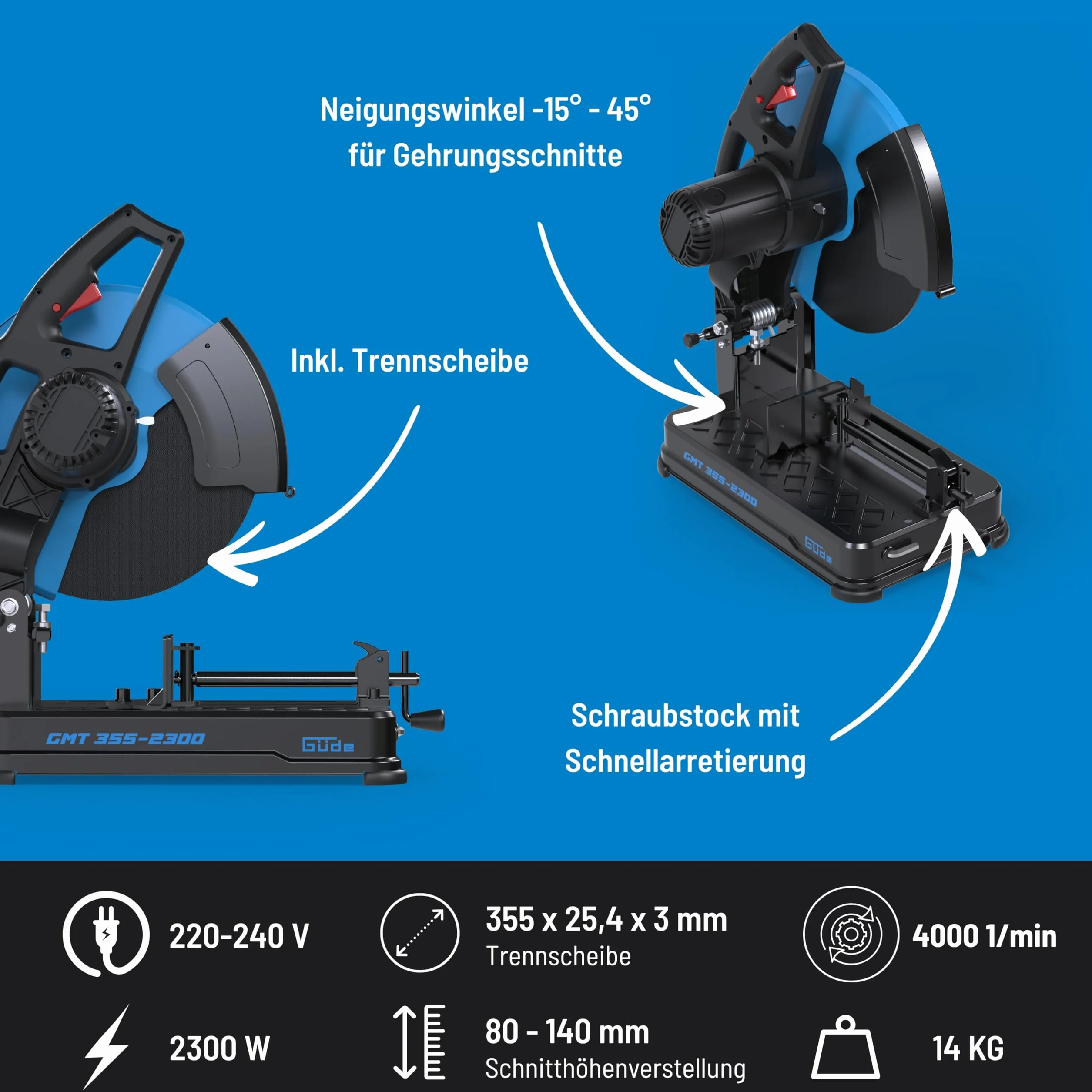 Güde GMT 355-2300 Metalltrennsäge - 230 Volt, 2300 Watt, 4000 Umdrehungen pro Minute, Schnittleistung 78 bis 140 Millimeter je nach Form, Trockenschnitt für Profile und Rohre