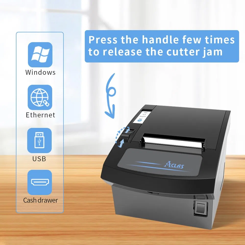 ACLAS Thermodrucker 80mm Quittungsdrucker Auto-Cut Bondrucker mit ESC/POS für registrierkasse kassenschublade (250mm/sec, USB + Ethernet)