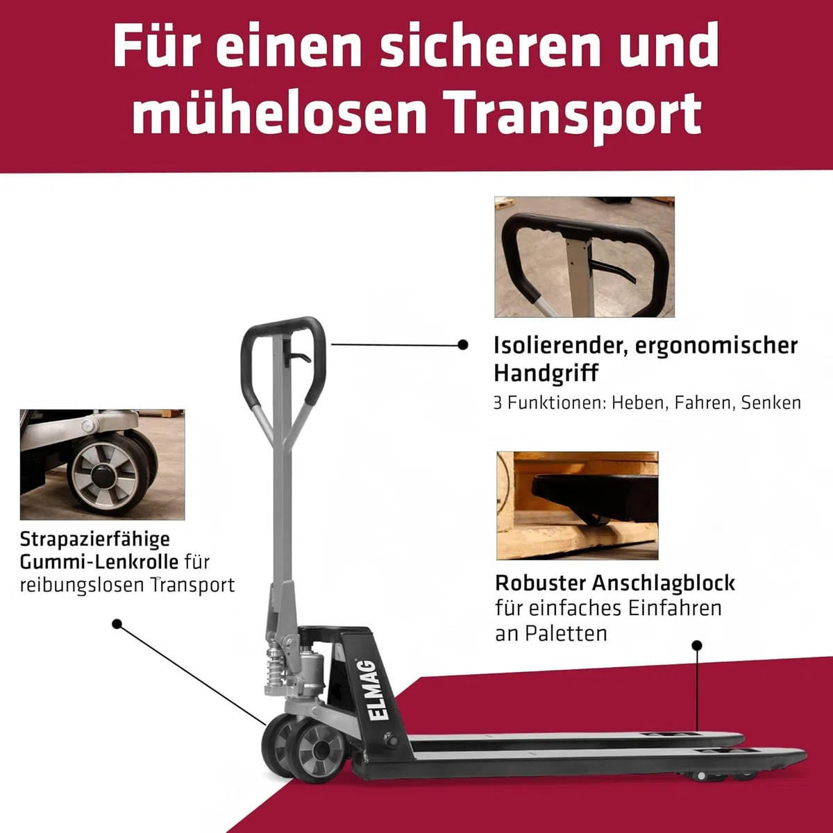 Elmag Handhubwagen HW 2500 Hubwagen mit 2500 kg Tragkraft, 1150 mm Gabellänge, 540 mm Gabelbreite Palettenwagen mit Gummirädern & Polyurethan-Tandemrollen Gabelhubwagen für mühelosen Transport