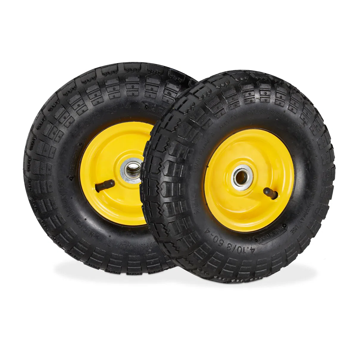 Relaxdays Sackkarrenrad 2er Set, 4.10 3.50-4, luftbereift, Stahlfelge, 136 kg, Schubkarrenrad, Ersatzrad, schwarz/gelb