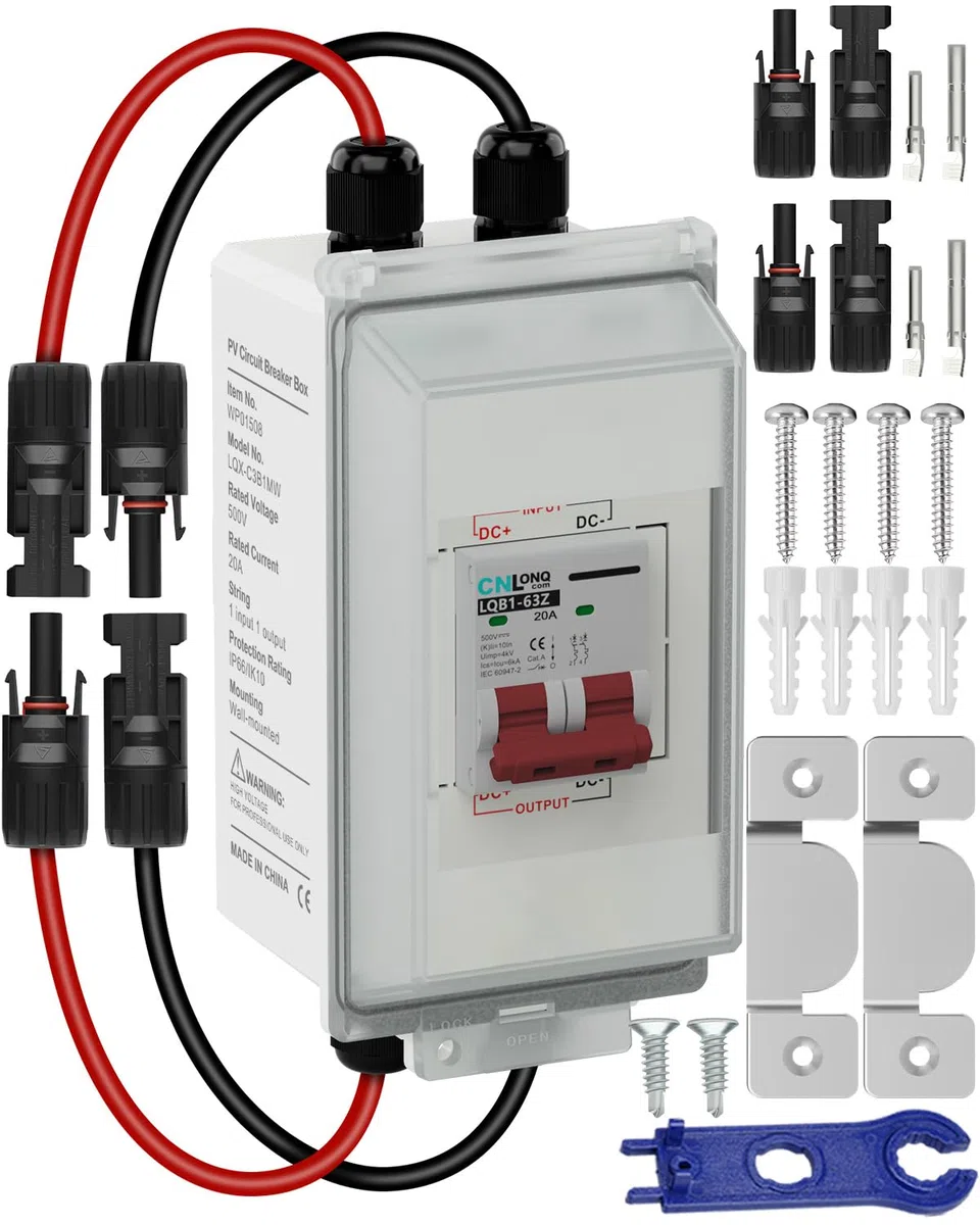 CNLONQ DC Trennschalter PV Anlage 20A 500V Sicherungsautomat 2polig IP66 Wasserdicht mit Solar Kabel und Metallhaken für Solarmodule, Einspeisesteckdose und Balkonkraftwerk
