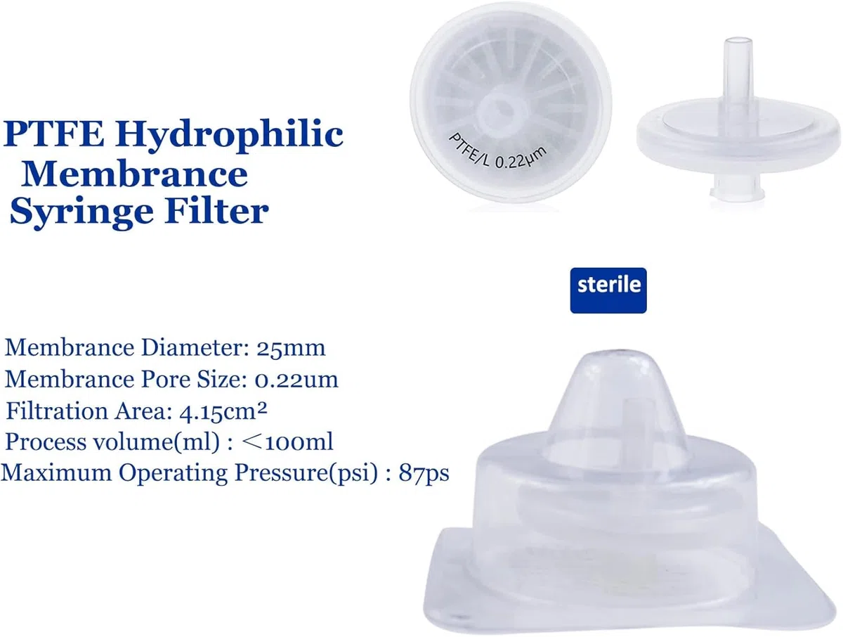 20 Stück Sterile Spritzenfilter PTFE 25 mm Durchmesser 0,22 μm Porengröße einzeln verpackt, HPLC- und GC-Nadelfilter, Laborfiltration mit hohem Durchsatz