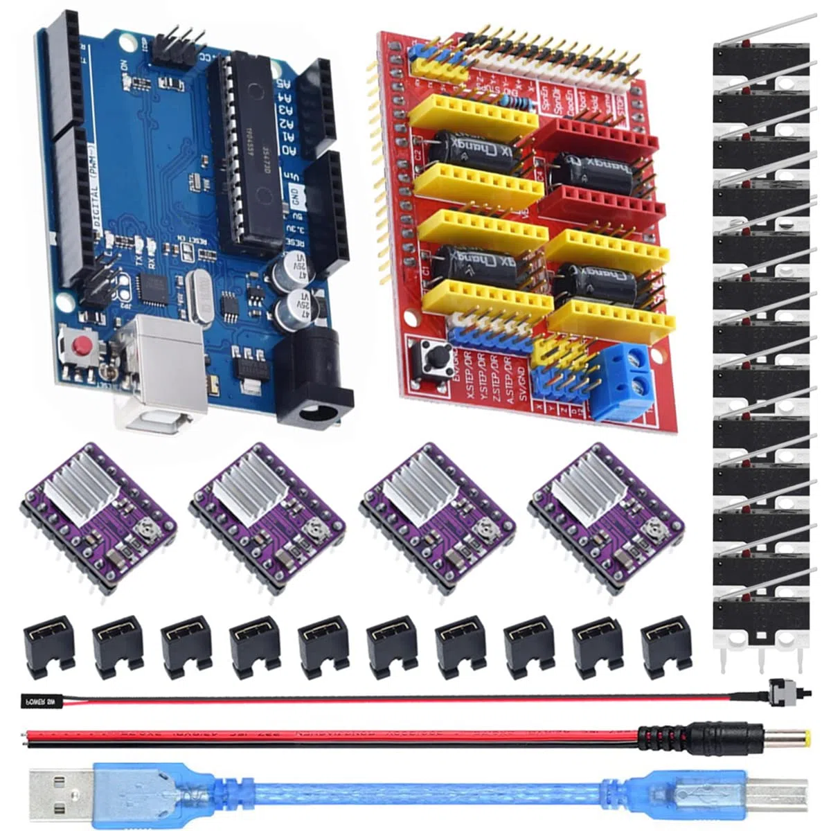 CNC Shield V3.0 CNC Erweiterungsplatine 3D Drucker Kit mit Entwicklungsplatine, DRV8825 Schrittmotortreibermodul, Überbrückungskappe, Druckerkabel, Gleichstromkabel, Endschalter, Netzschalter