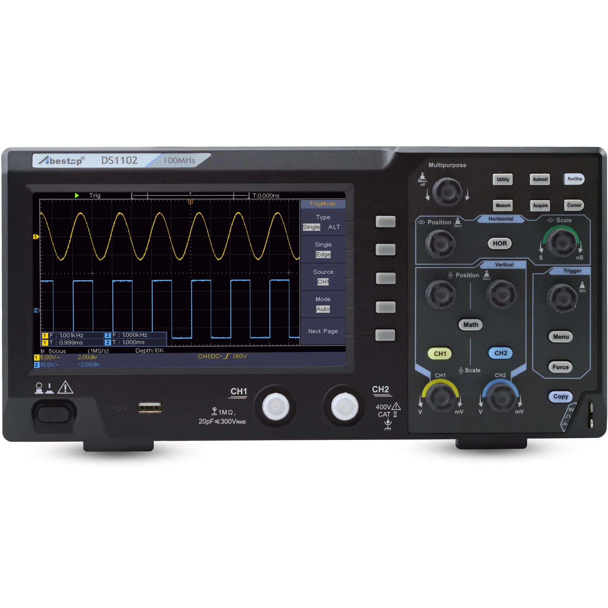 100MHz Oszilloskop Desktop SpeicherOszillograph Zweikanalig mit 7" TFT-LCD-Anzeige Tragbares Leichtes Digitales Oszilloskop (DS1102)